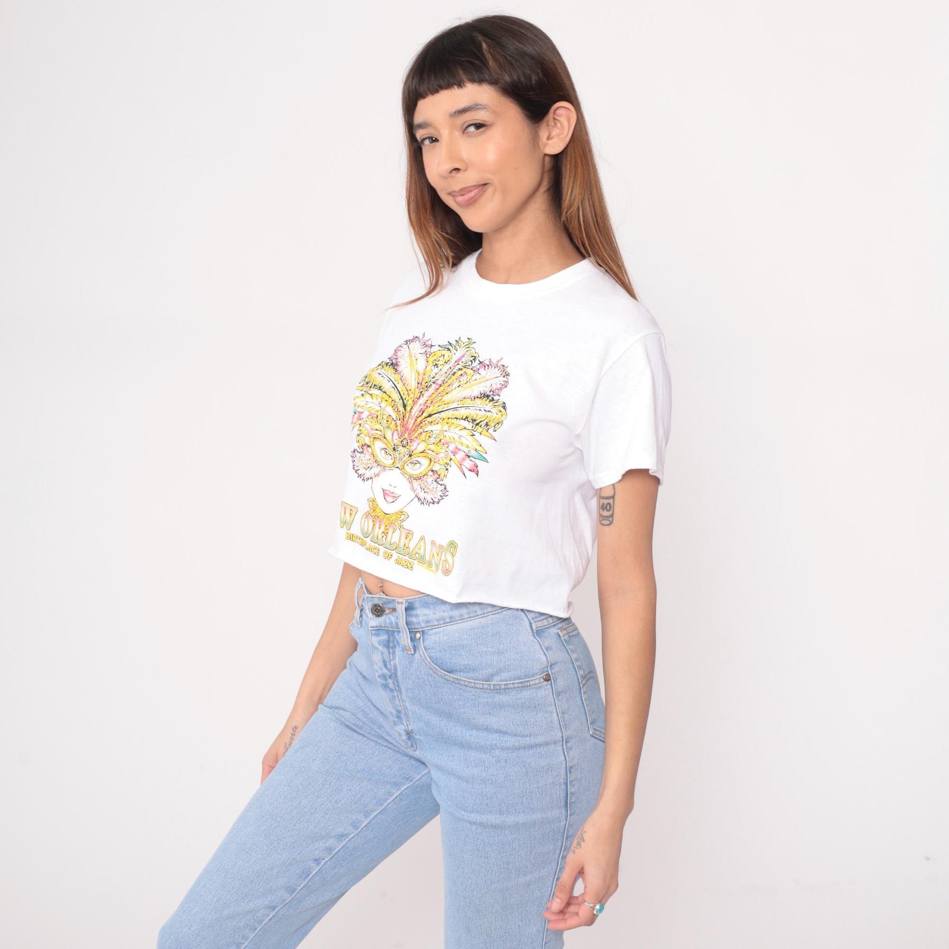 90s New Orleans Jazz Mardi Gras Crop Top White Graphic Tee Small S