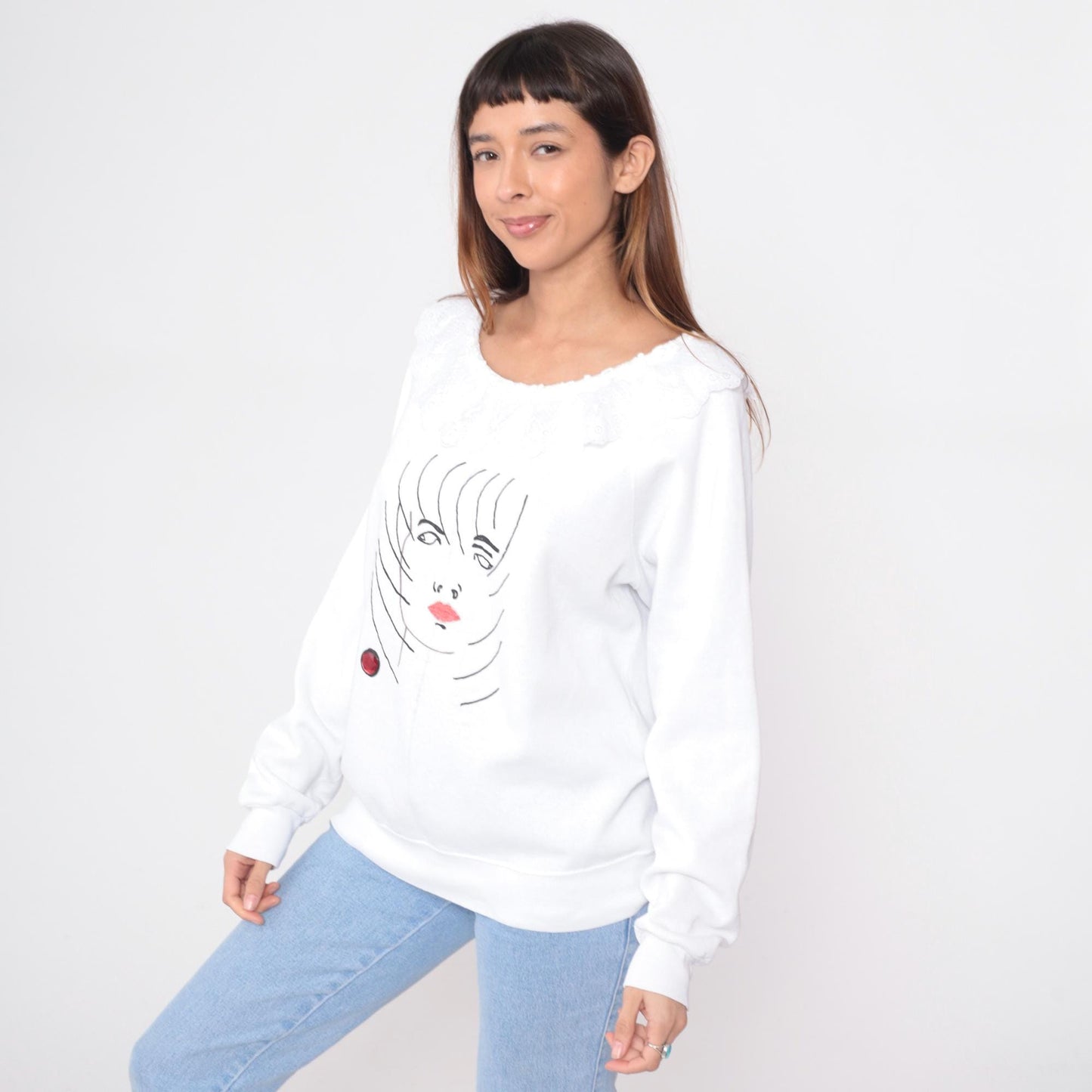 80s White Sweatshirt Embroidered Face Illustration Raglan Crew Neck Large L