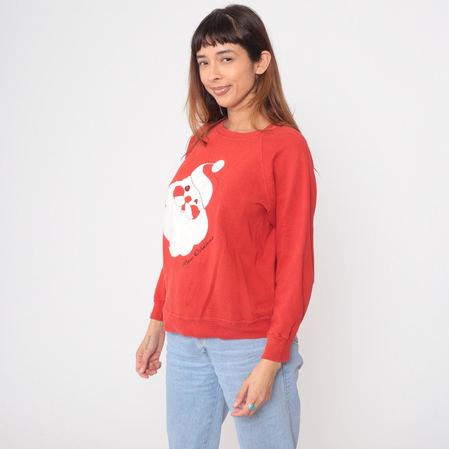 80s Santa Claus New Orleans Red Raglan Sweatshirt Christmas Graphic Medium