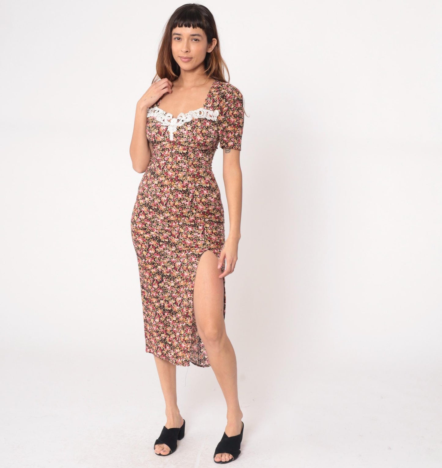 90s Floral Midi Dress Sweetheart Neckline Lace Trim Black Pink Small S