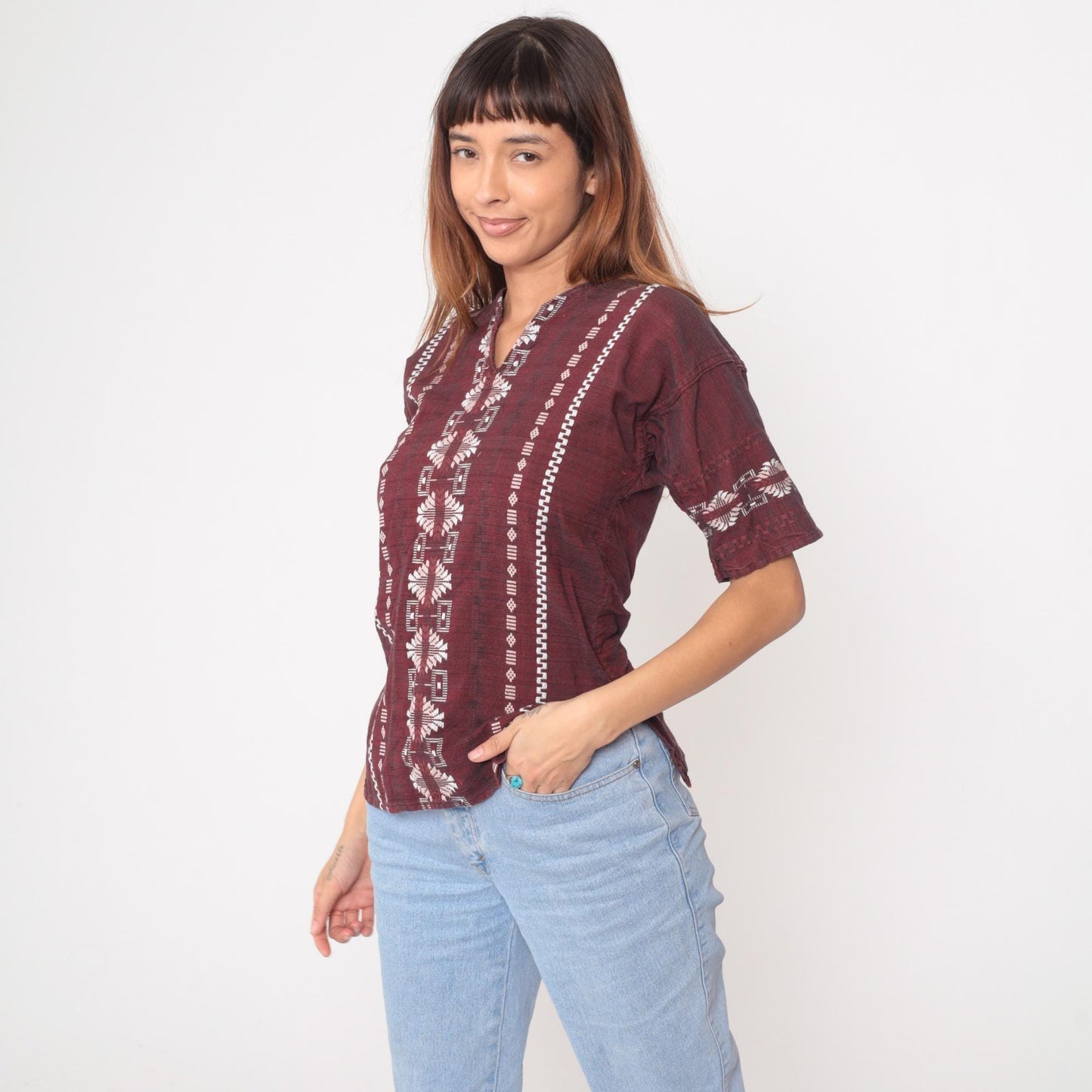 90s Burgundy Embroidered Cotton Blouse V-Neck Geometric Tribal Pattern Small