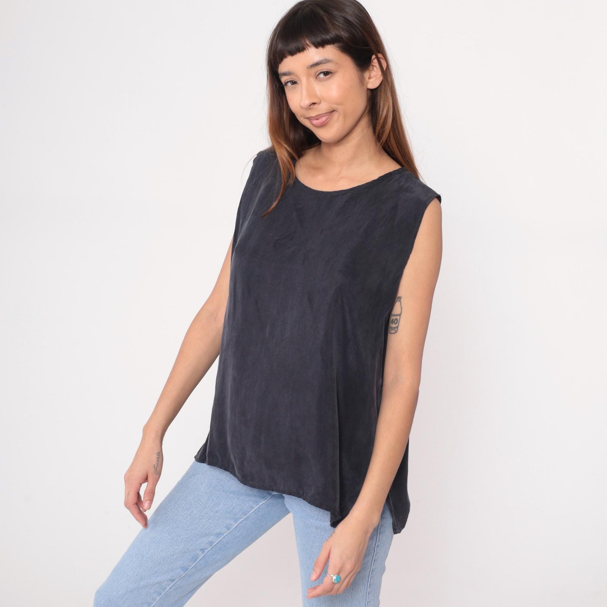 90s Black Rayon Tank Top Scoop Neck Sleeveless Camisole Large L