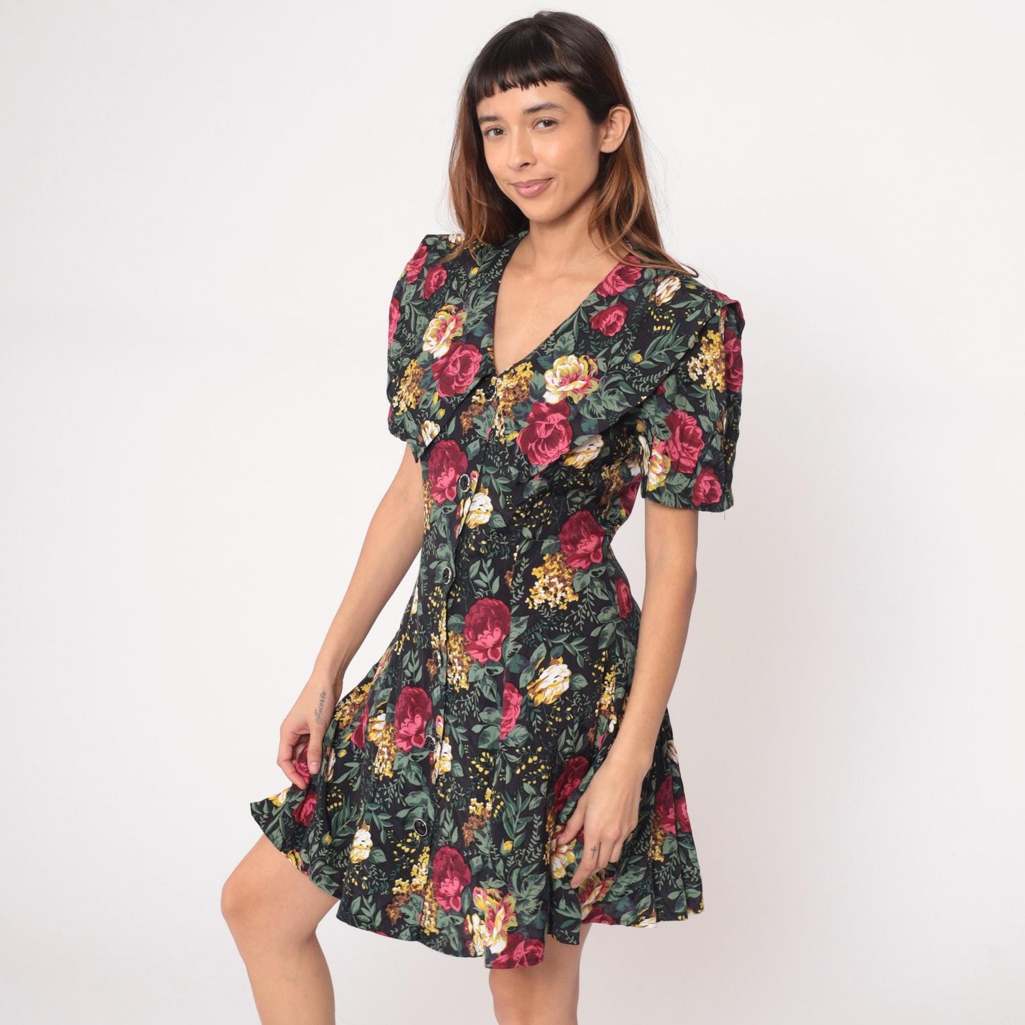 90s All That Jazz Floral Mini Dress Black Button Front V Neck Puff Sleeve Large