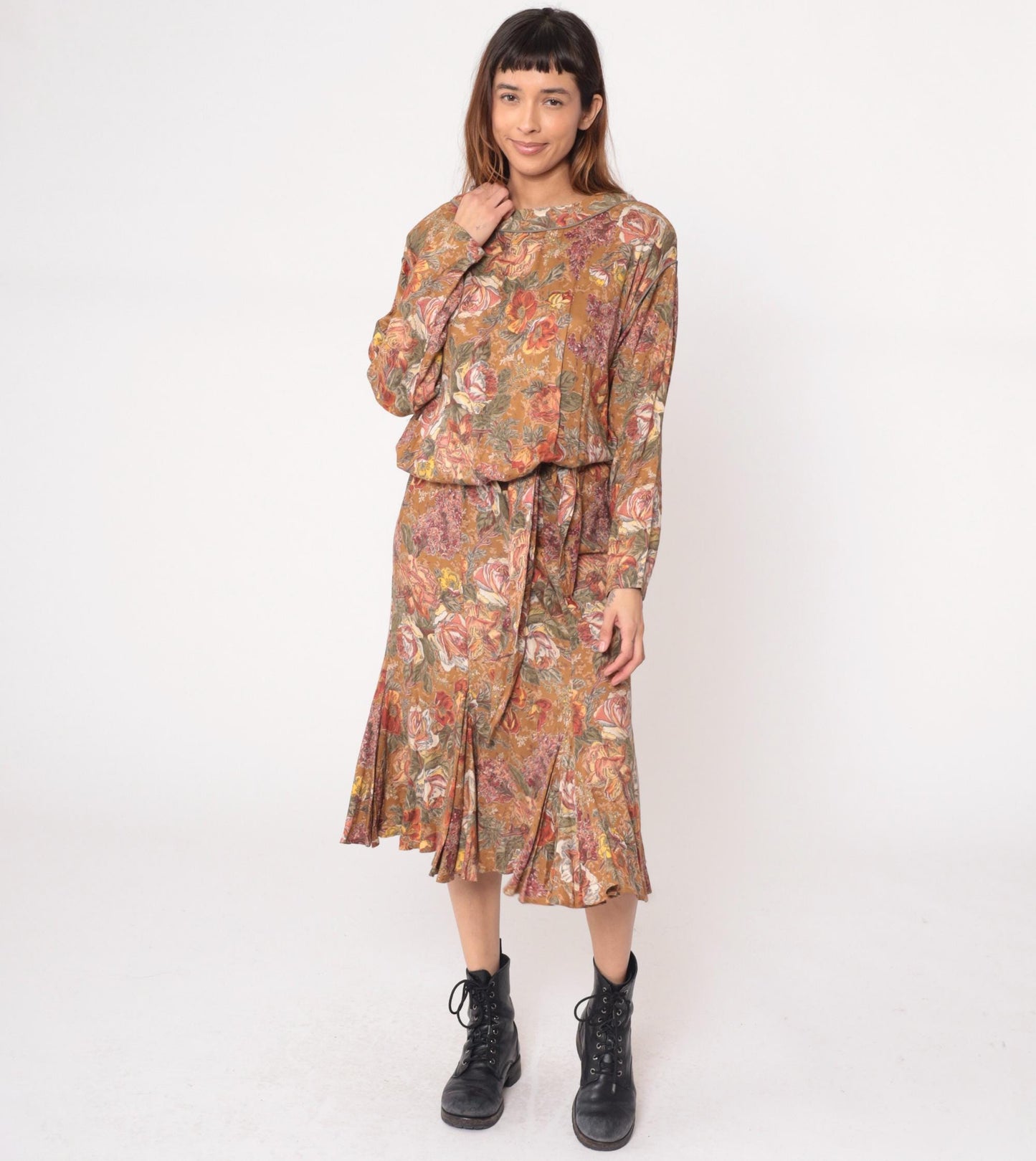 90s Carole Little Floral Midi Dress Long Sleeve Blouson Waist Brown Medium