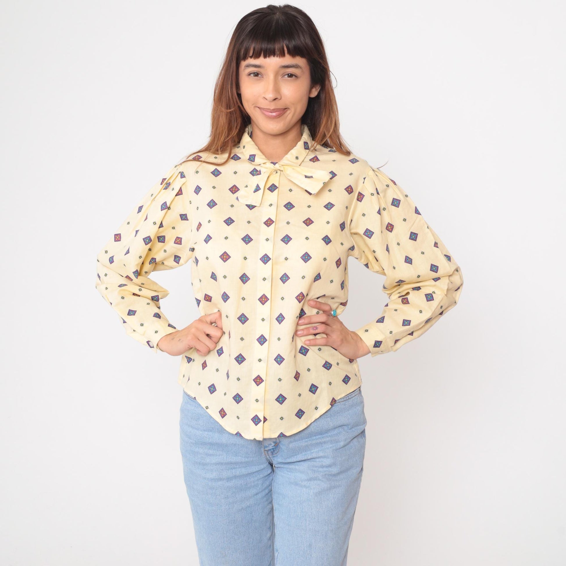 80s Pale Yellow Diamond Print Button-Up Blouse Purple Blue Geometric Medium