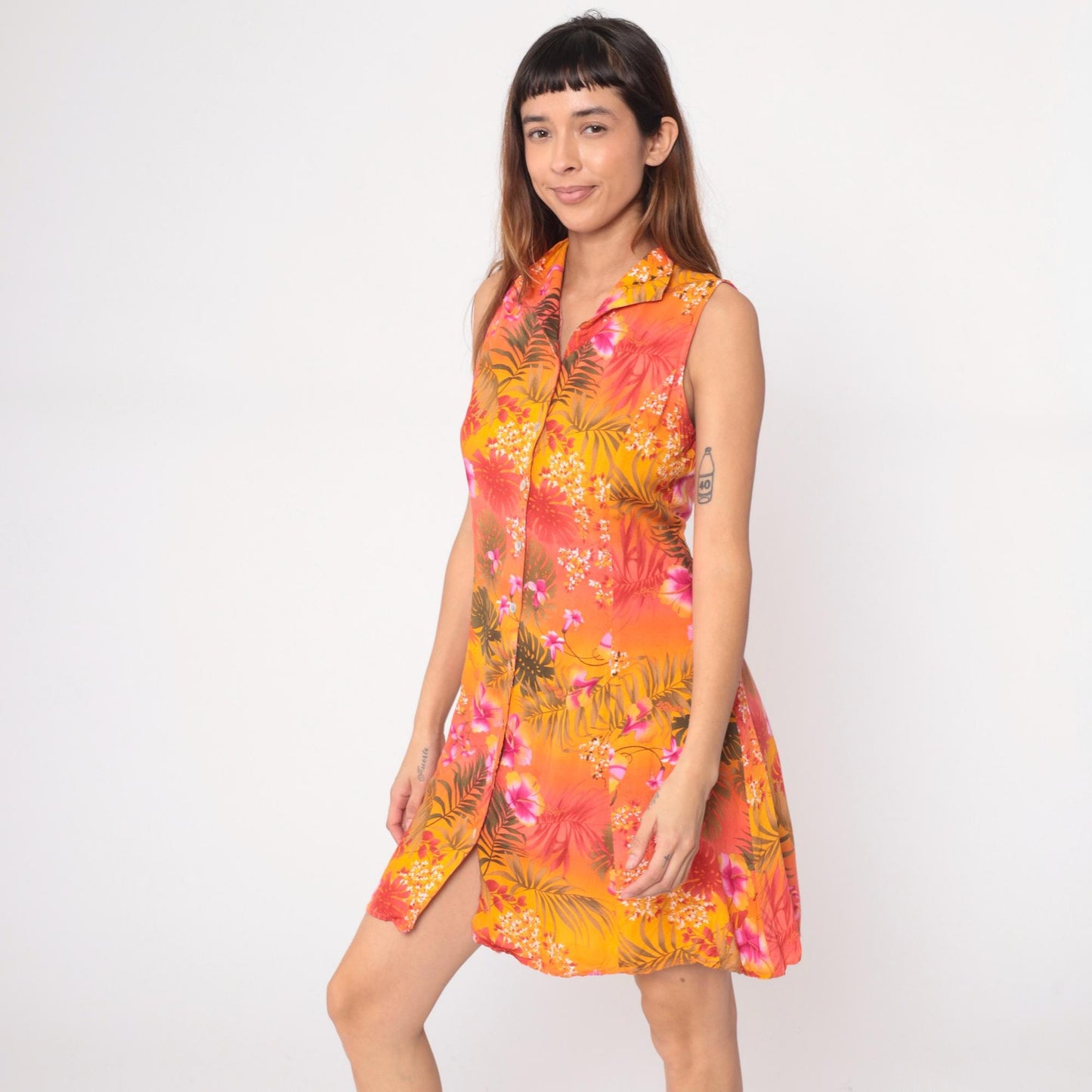 90s Impressions Tropical Floral Mini Dress Button Front Sleeveless Medium M