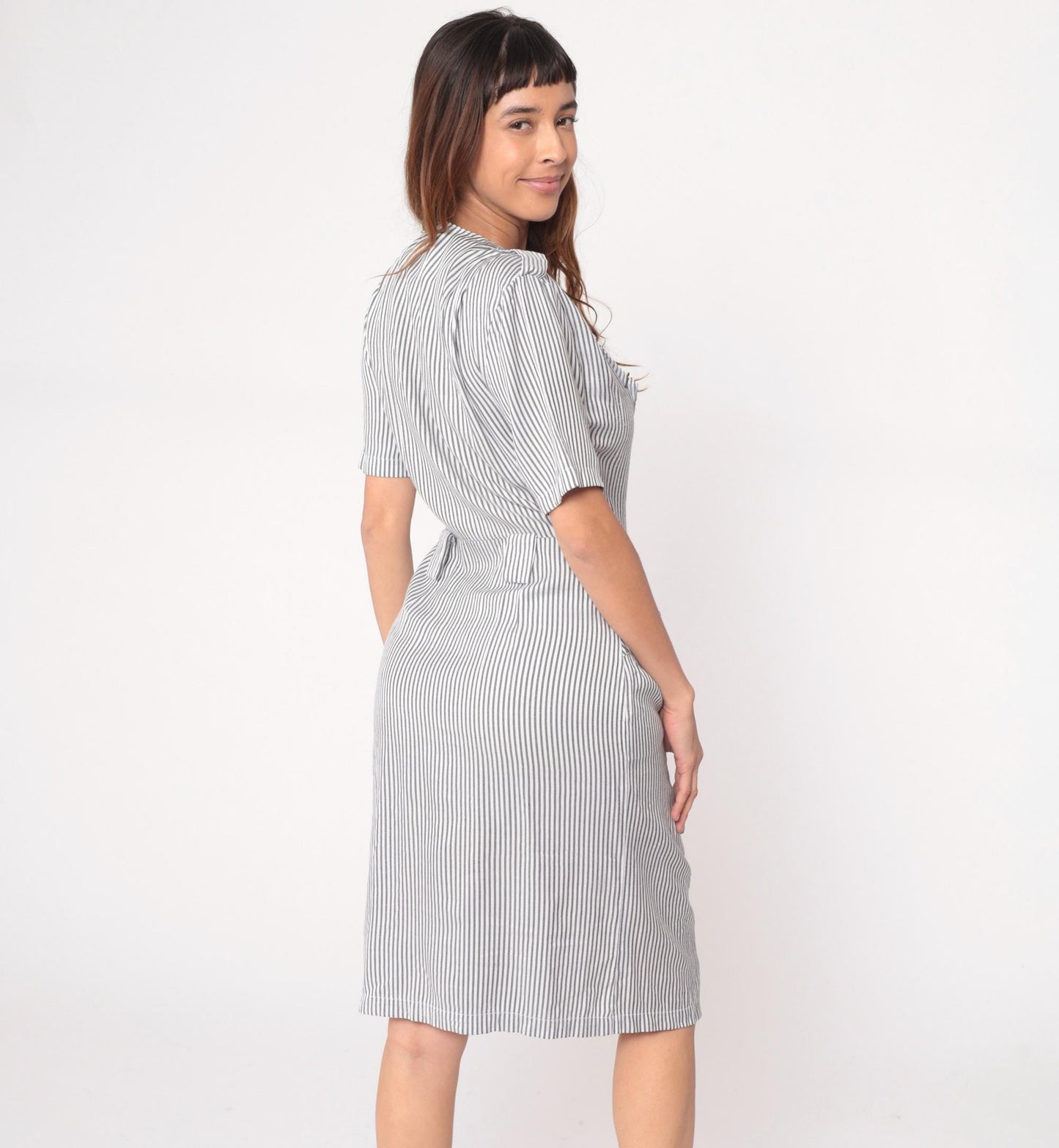 90s Pinstriped Blazer Dress Grey White Double Breasted Midi Medium M