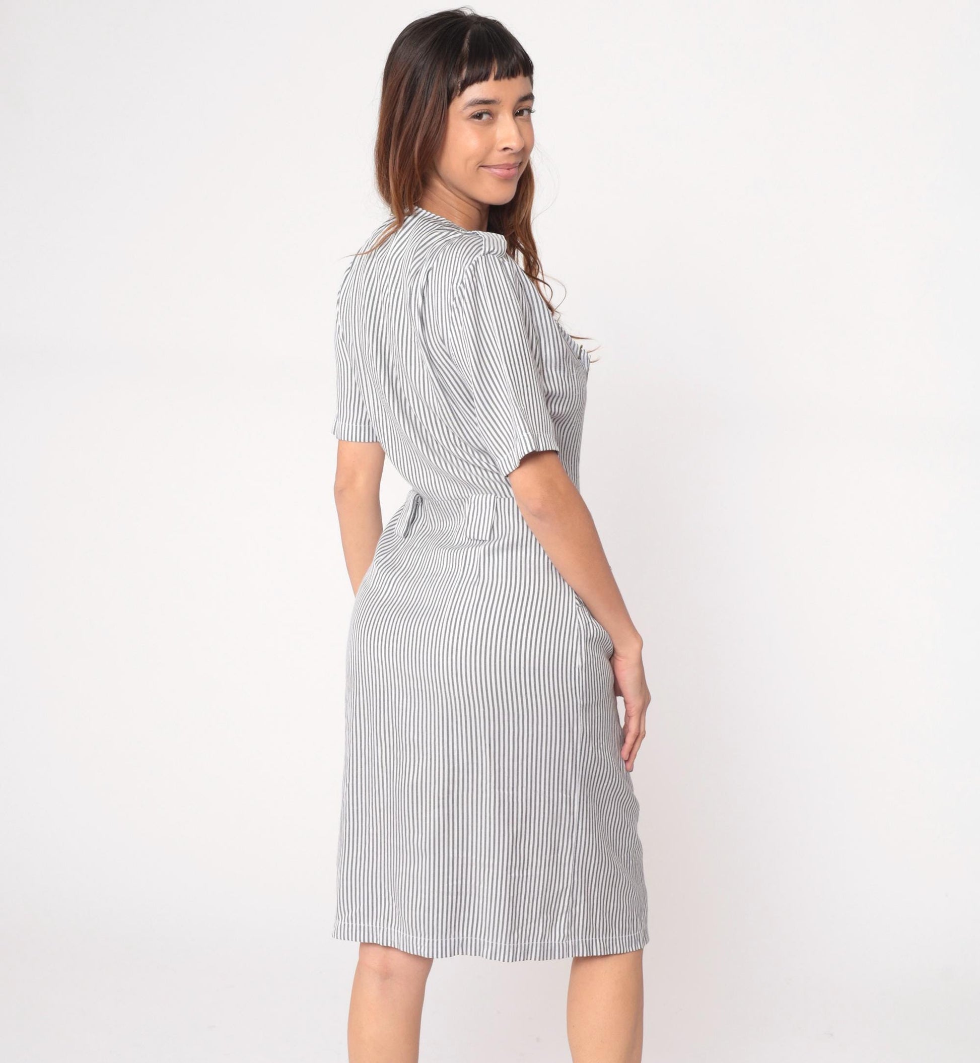 90s Pinstriped Blazer Dress Grey White Double Breasted Midi Medium M