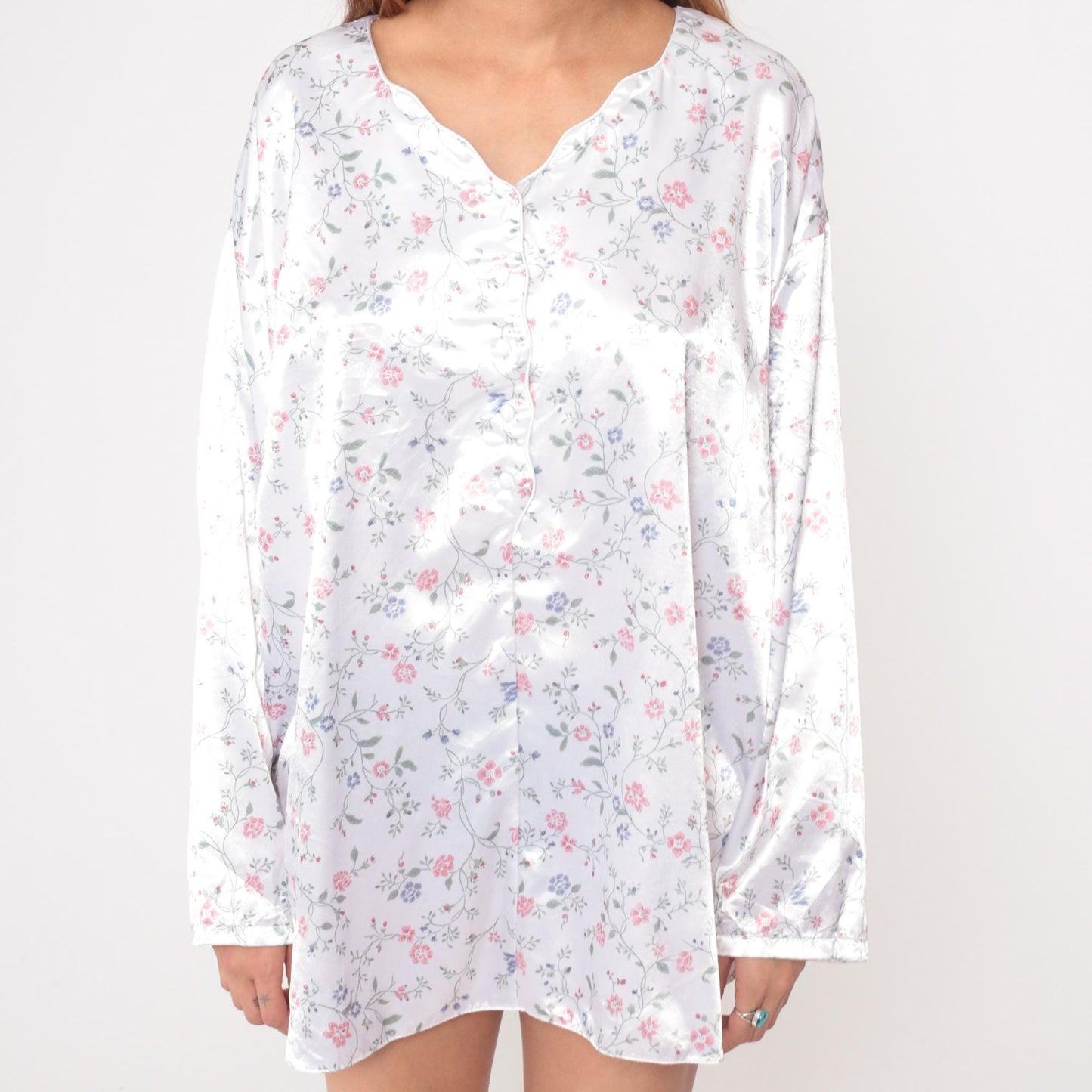 90s Gilligan O'Malley Floral Nightgown White Pink Blue Flowers V-Neck Extra Large XXL