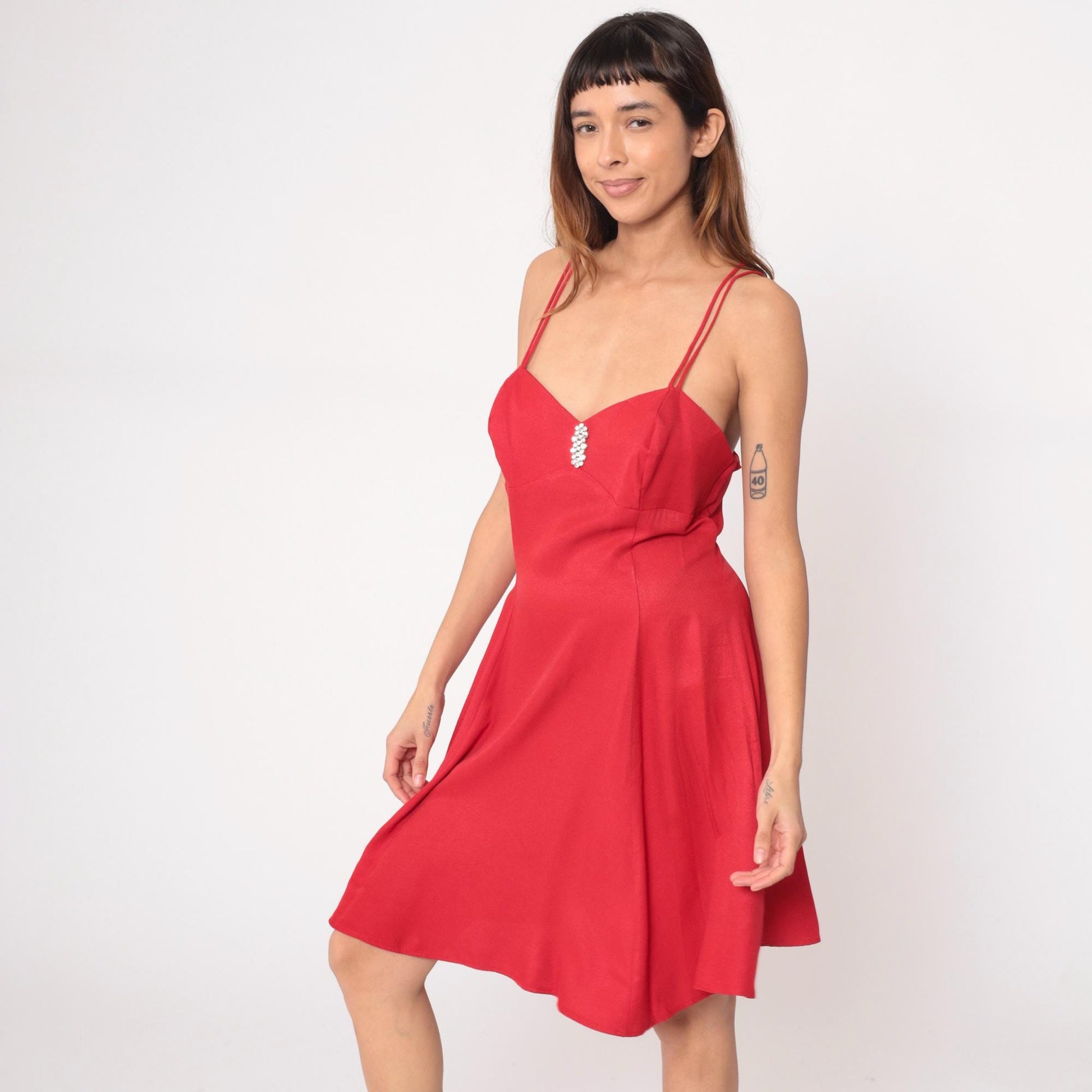 90s Red Mini Dress Sweetheart Neckline Rhinestone Filigree Ltd Medium M