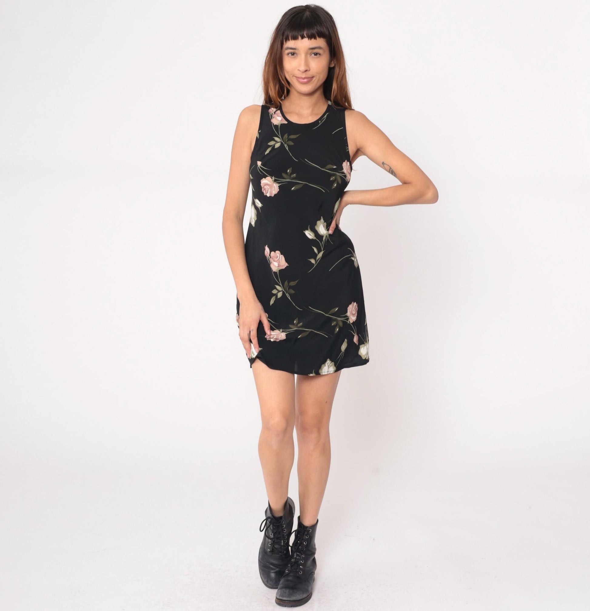 90s Sense Floral Mini Dress Black Pink Rose Keyhole Back Medium M
