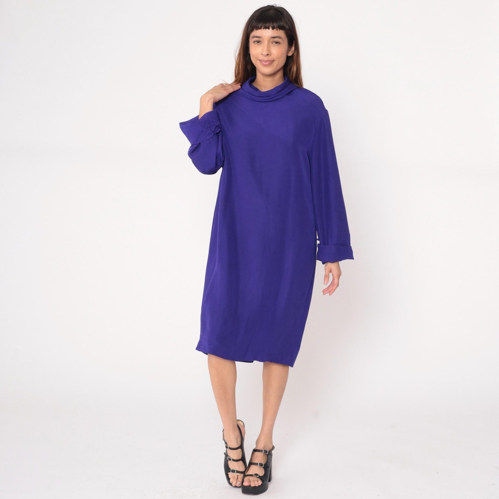 90s YL by Yair Purple Silk Dress Cowl Neck Long Sleeve Knee-Length Large L