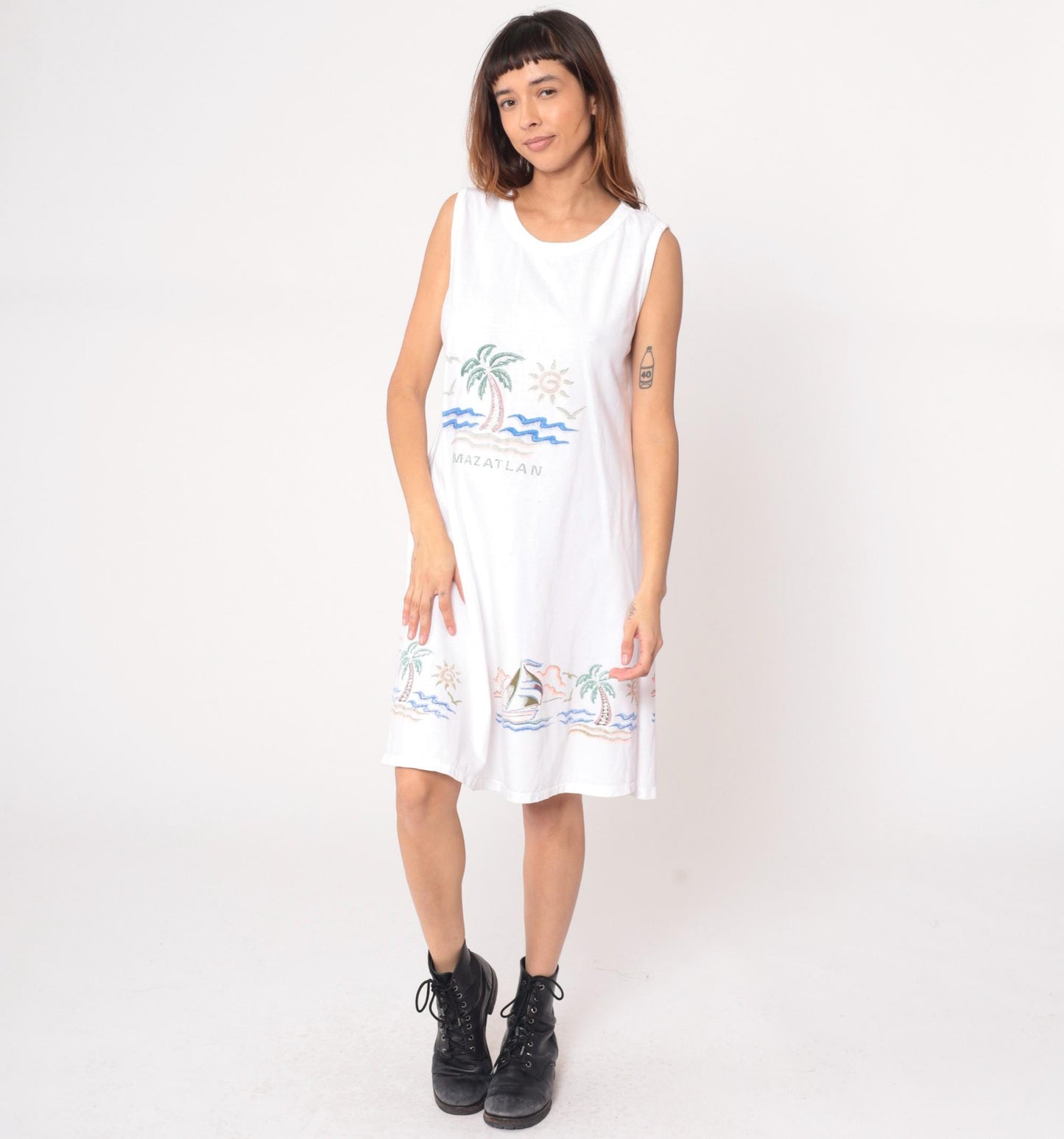 90s Mazatlan Mexico Embroidered White Cotton Shift Dress Large
