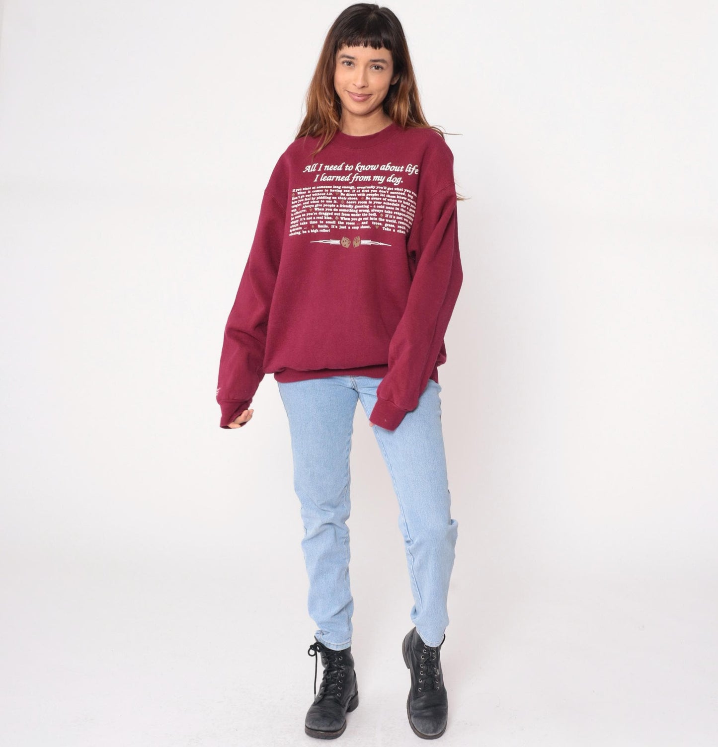 90s Fruit of the Loom Dog Life Lessons Sweatshirt Burgundy Large