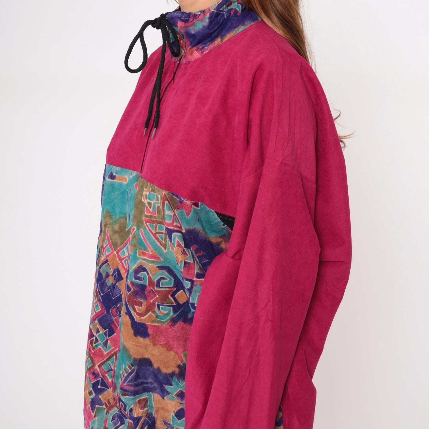 90s Sun Triangle Hot Pink Fleece Half-Zip Pullover Geometric Pattern Large