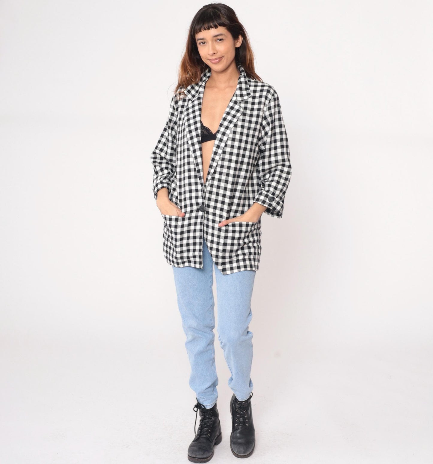 90s Kenneth Mitchell Black White Gingham Blazer Notched Collar Medium