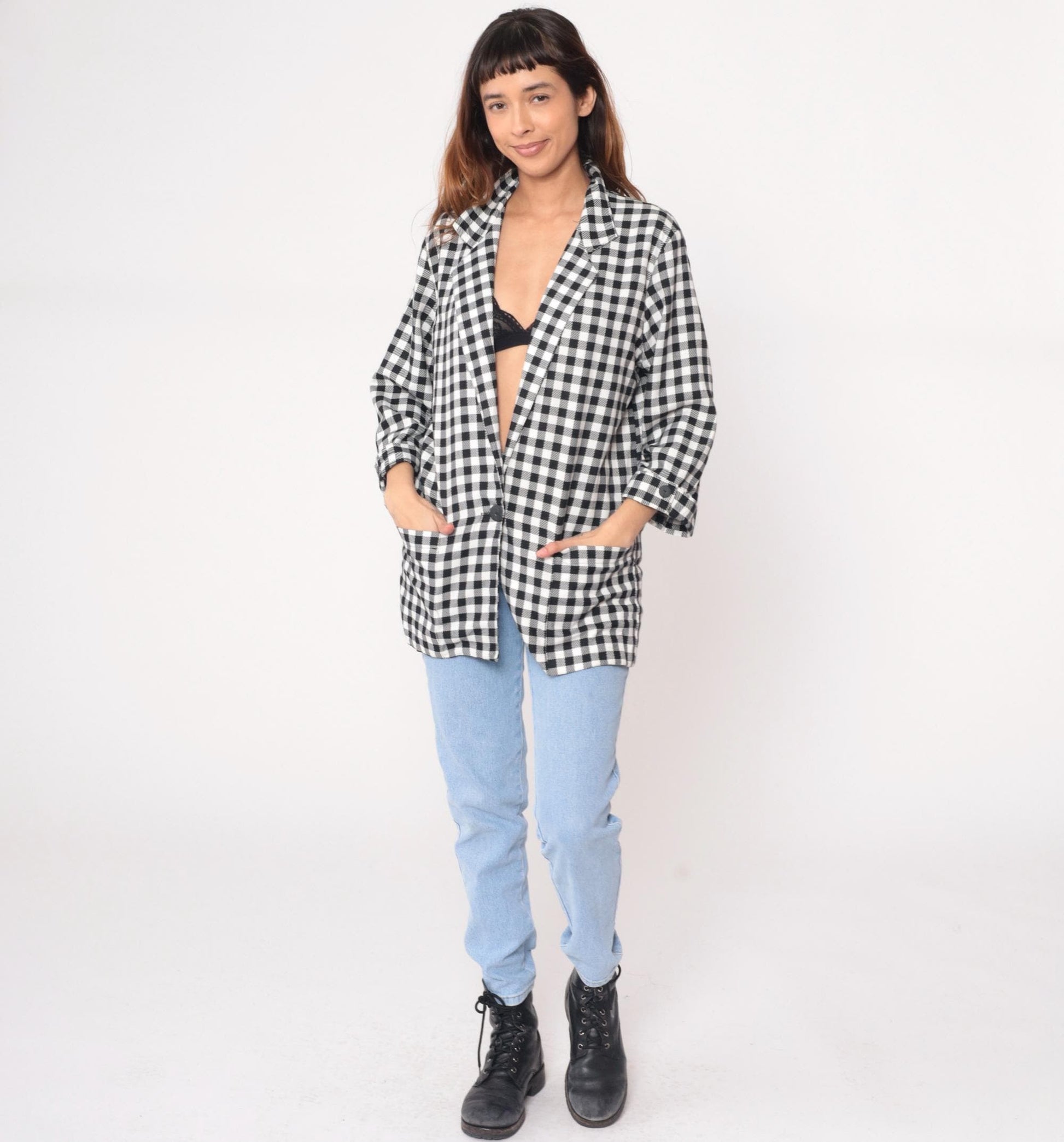 90s Kenneth Mitchell Black White Gingham Blazer Notched Collar Medium