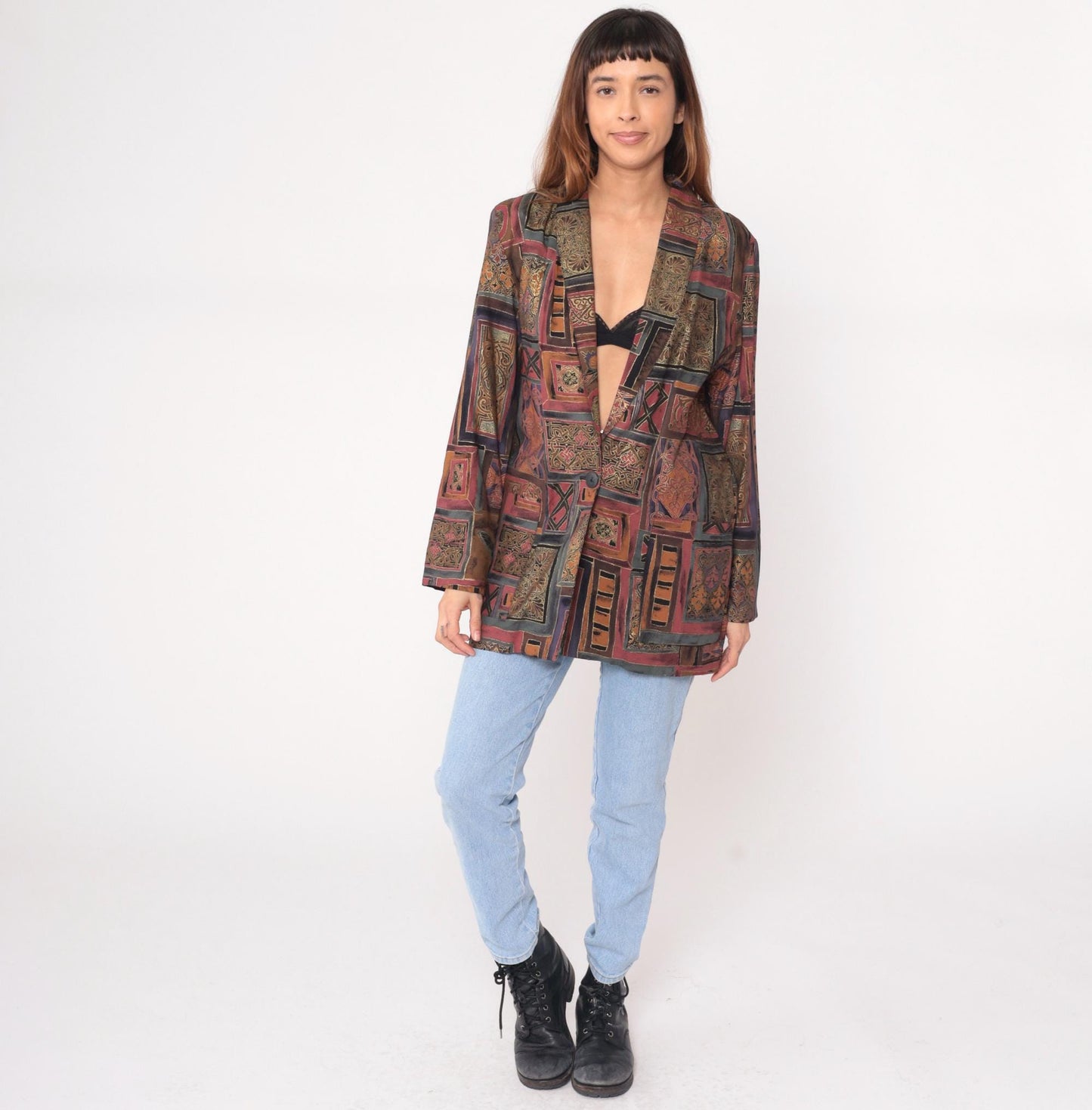 90s Kensington Square Patchwork Blazer Burgundy Brown Geometric Medium M