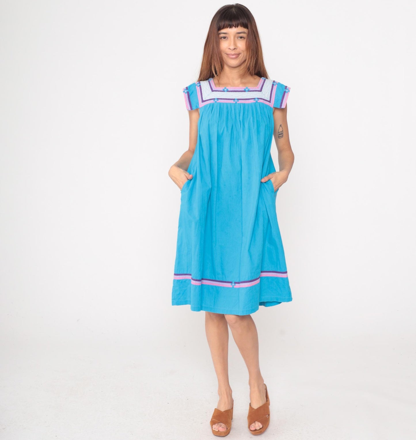80s Turquoise Terry Cloth Dress Empire Waist Geometric Trim Cotton Large