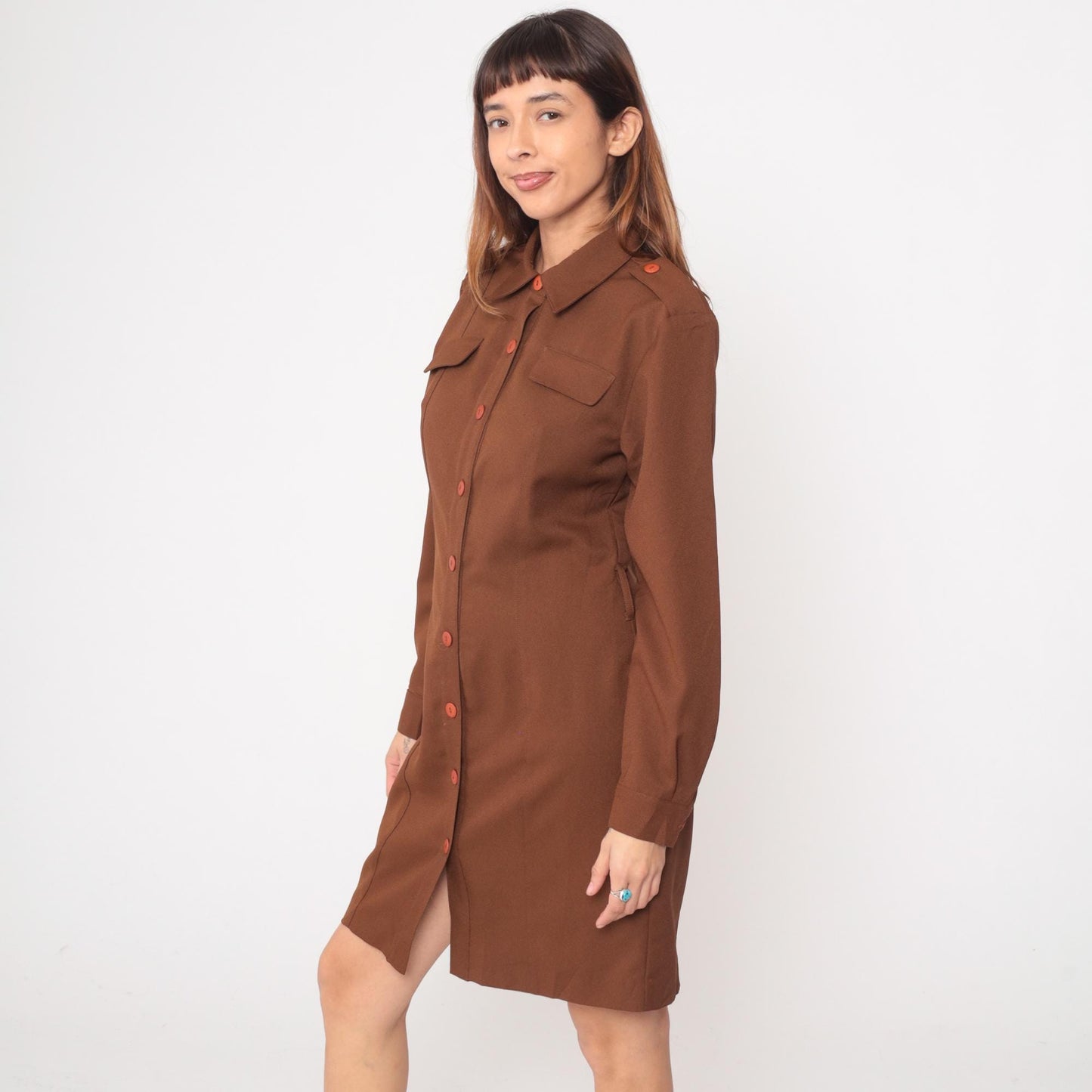 80s JRT Brown Shirt Dress Knee Length Collar Pockets Medium