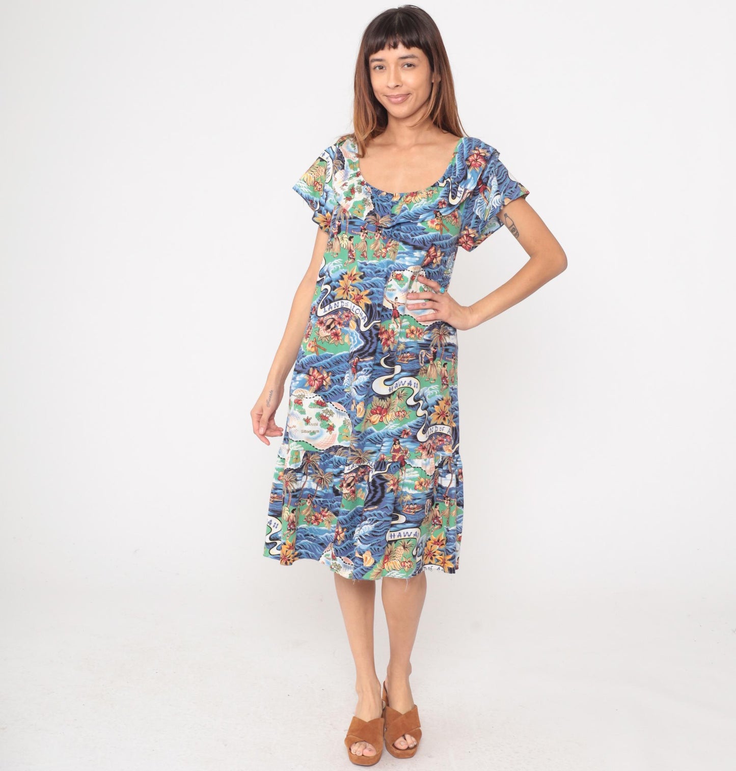 Y2K Hilo Hattie Hawaiian Midi Dress Blue Ocean Wave Print Small