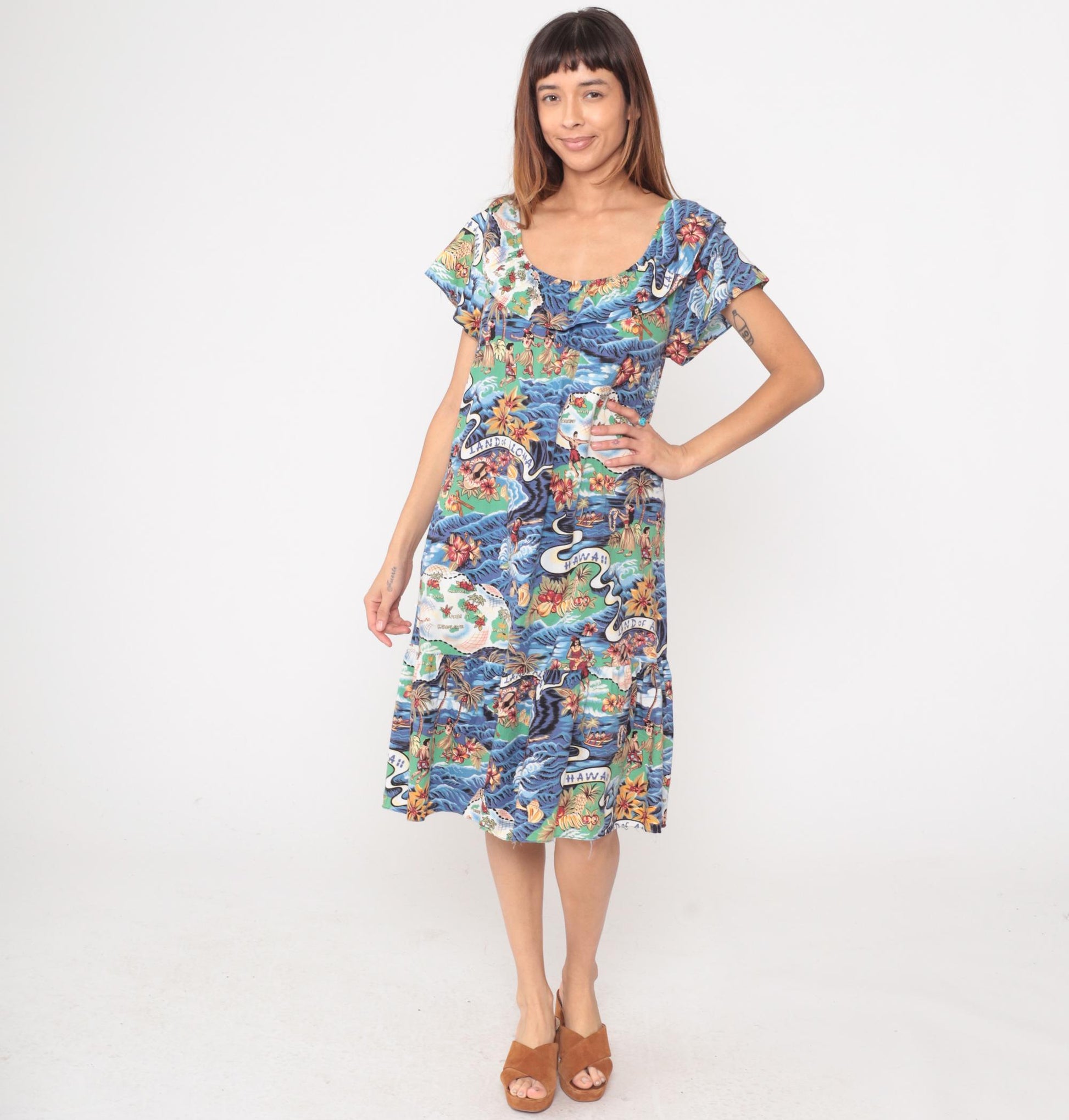 Y2K Hilo Hattie Hawaiian Midi Dress Blue Ocean Wave Print Small