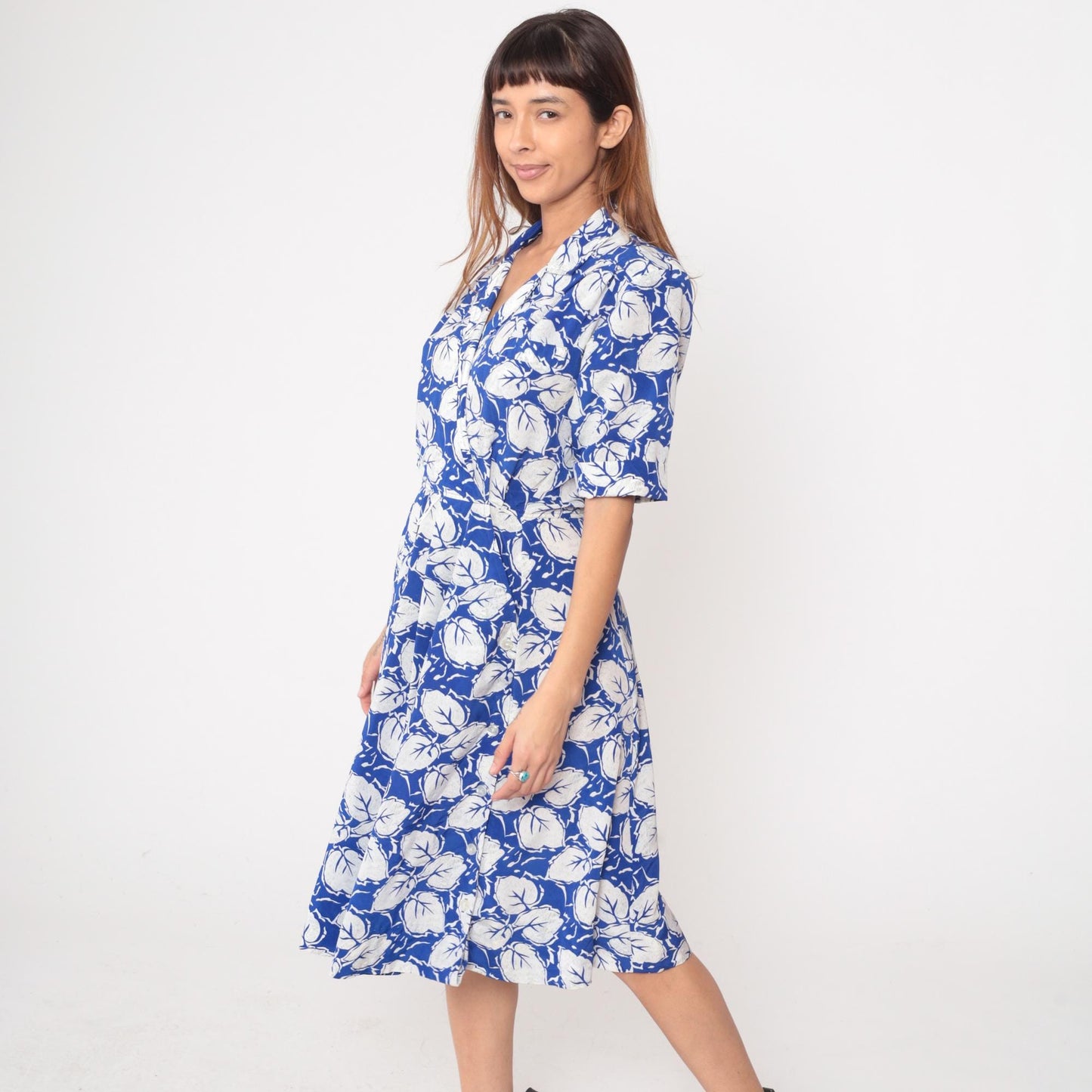 80s Darian Blue White Floral Midi Wrap Dress Collared V-Neck Medium