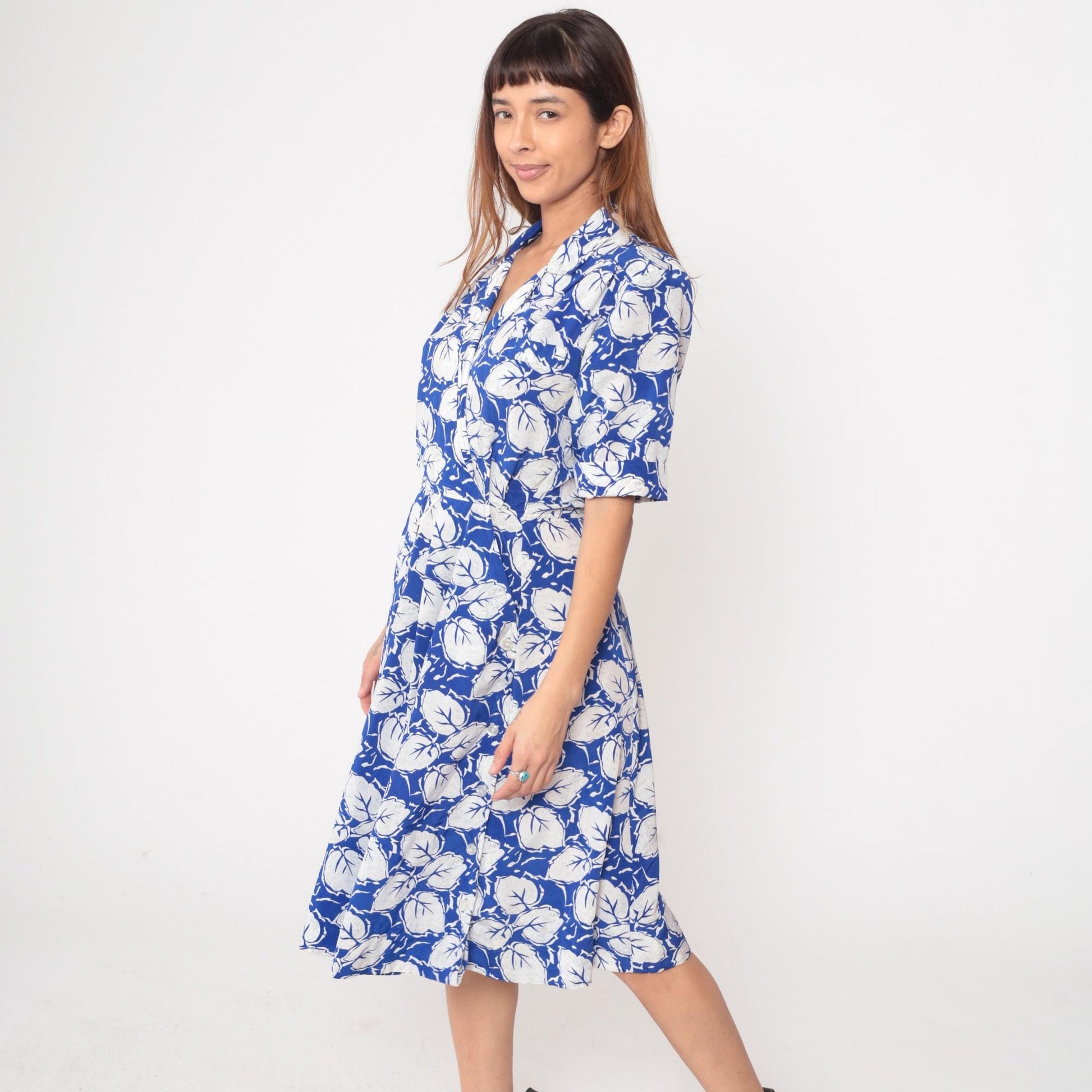80s Darian Blue White Floral Midi Wrap Dress Collared V-Neck Medium
