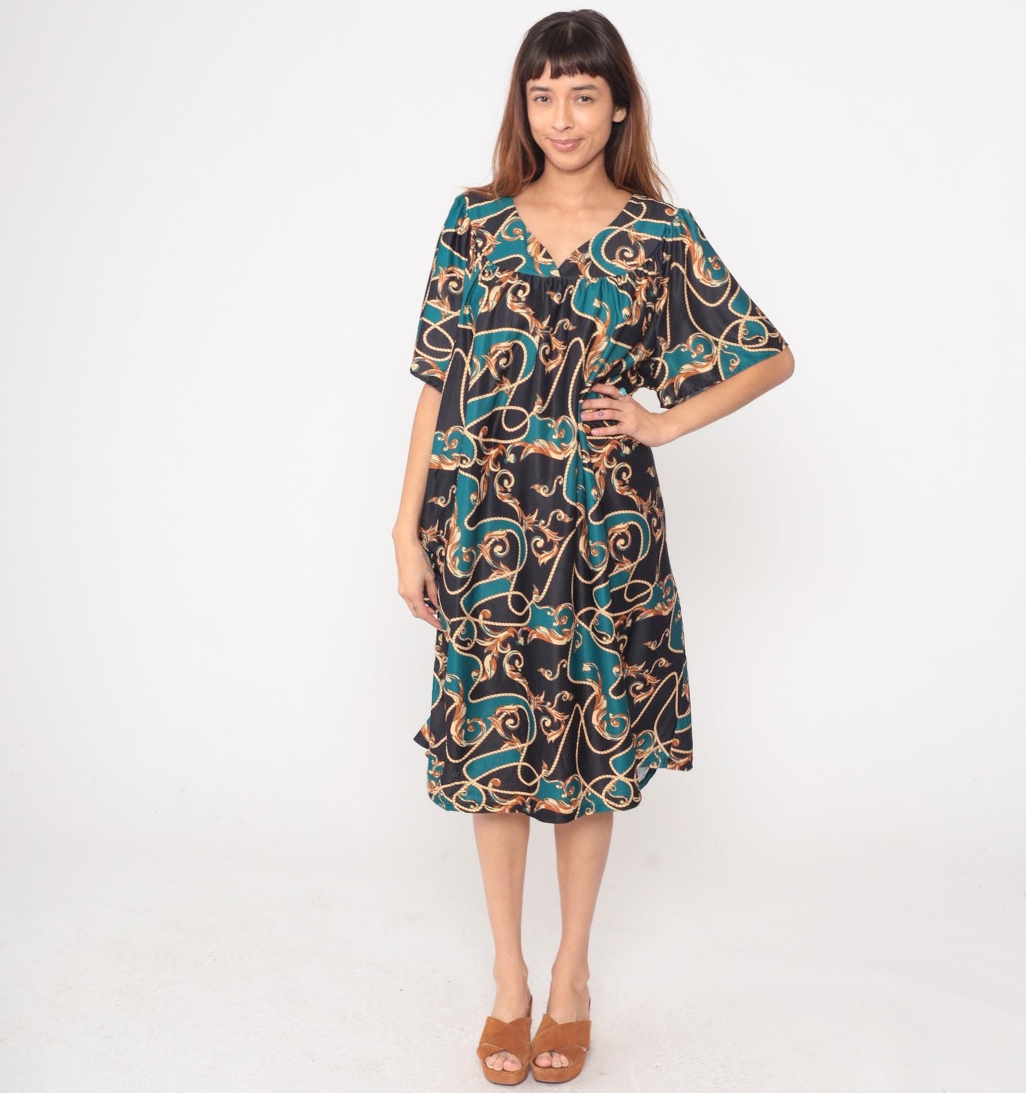 Y2K Anthony Richards Paisley Scroll Dress Teal Black Kimono Sleeve Plus Size XXL