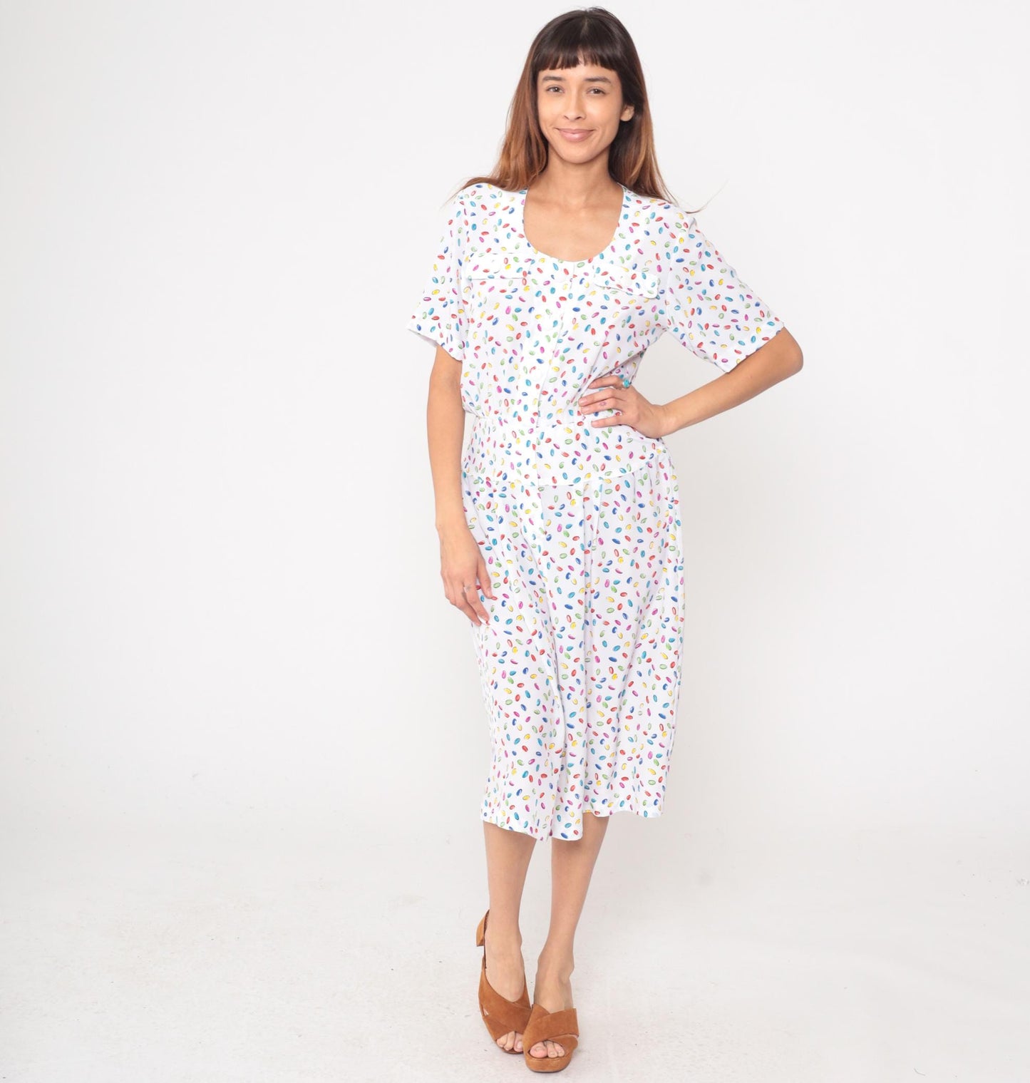 80s Liz Petites Jelly Bean Candy Print Dress White Knee-Length Medium