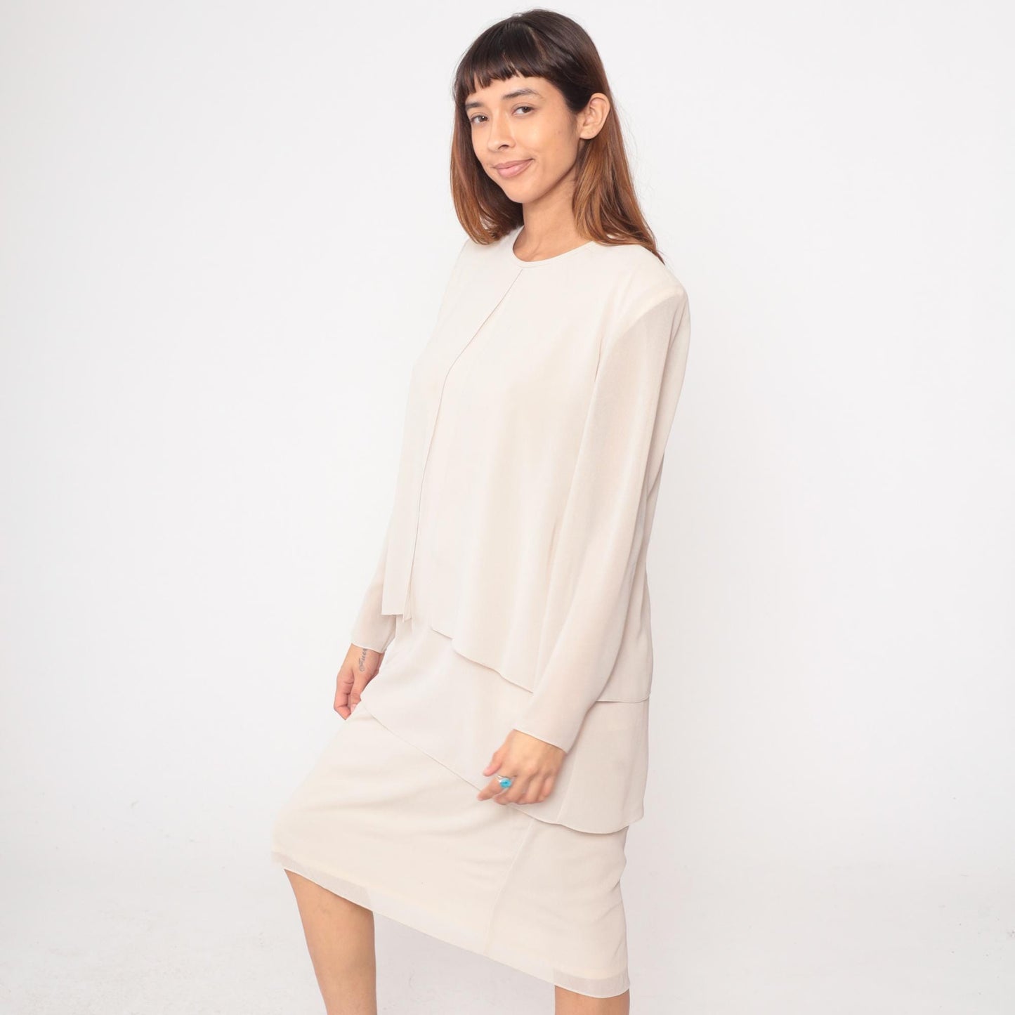 90s After Dark Cream Layered Dress Long Sleeve Round Neck Large L