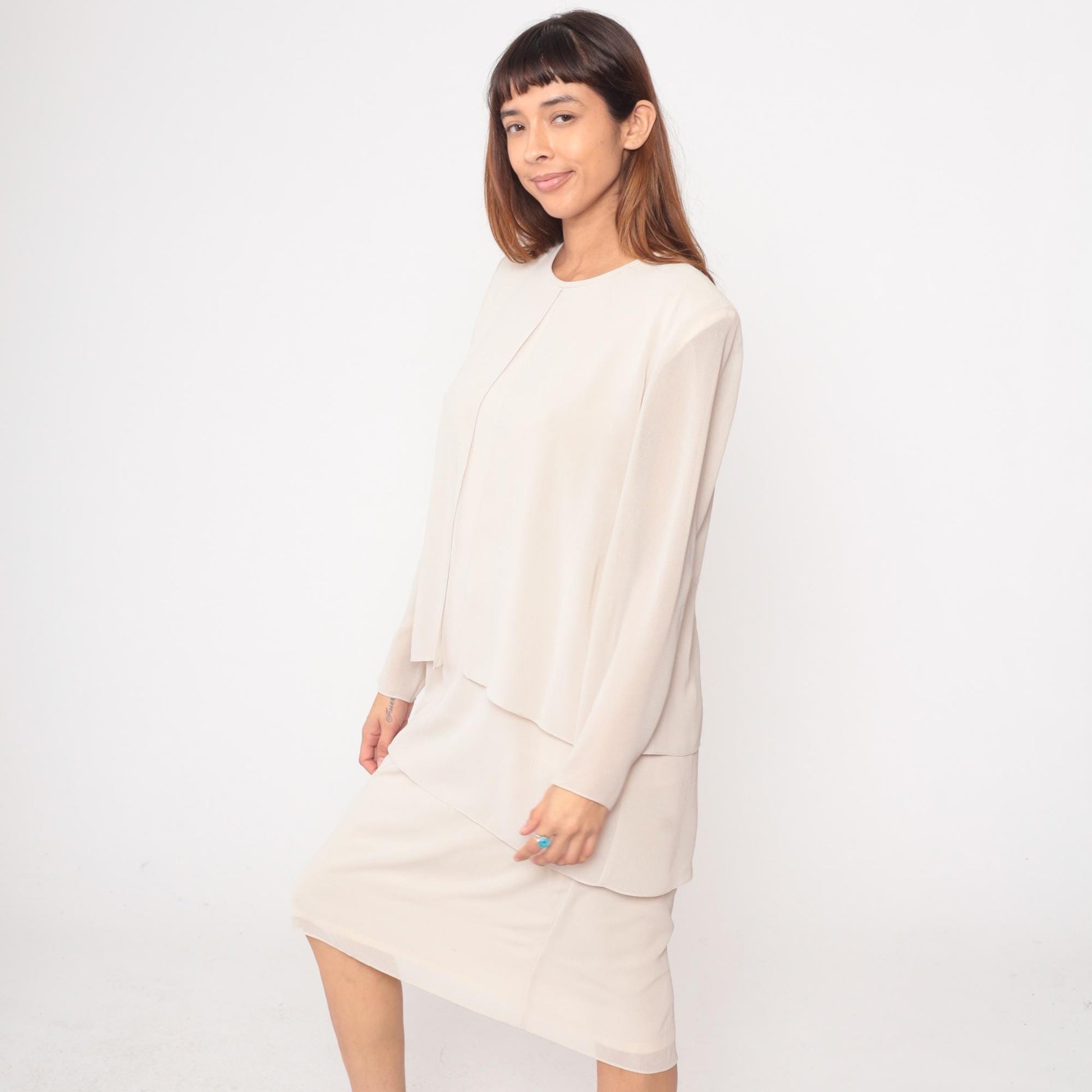 90s After Dark Cream Layered Dress Long Sleeve Round Neck Large L