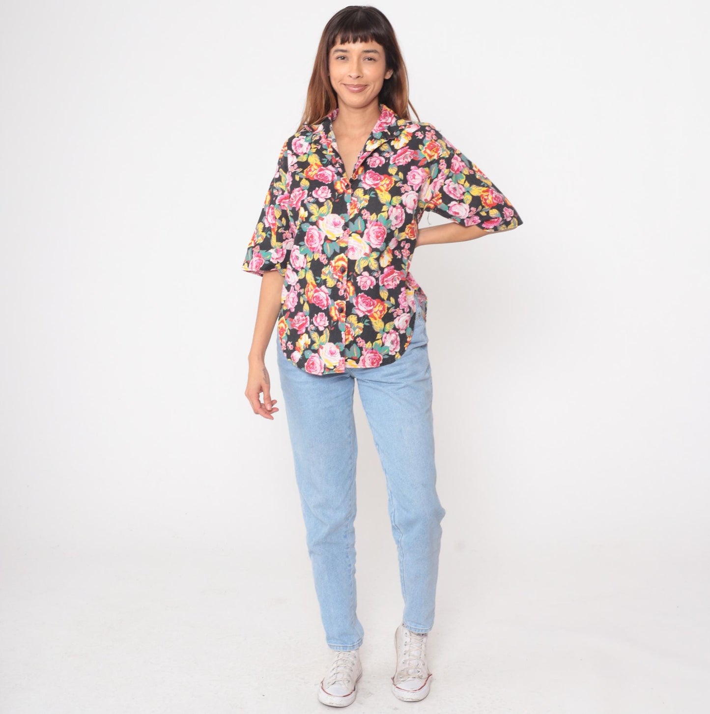 90s Sure Thing of California Black Floral Button Down Shirt Medium M