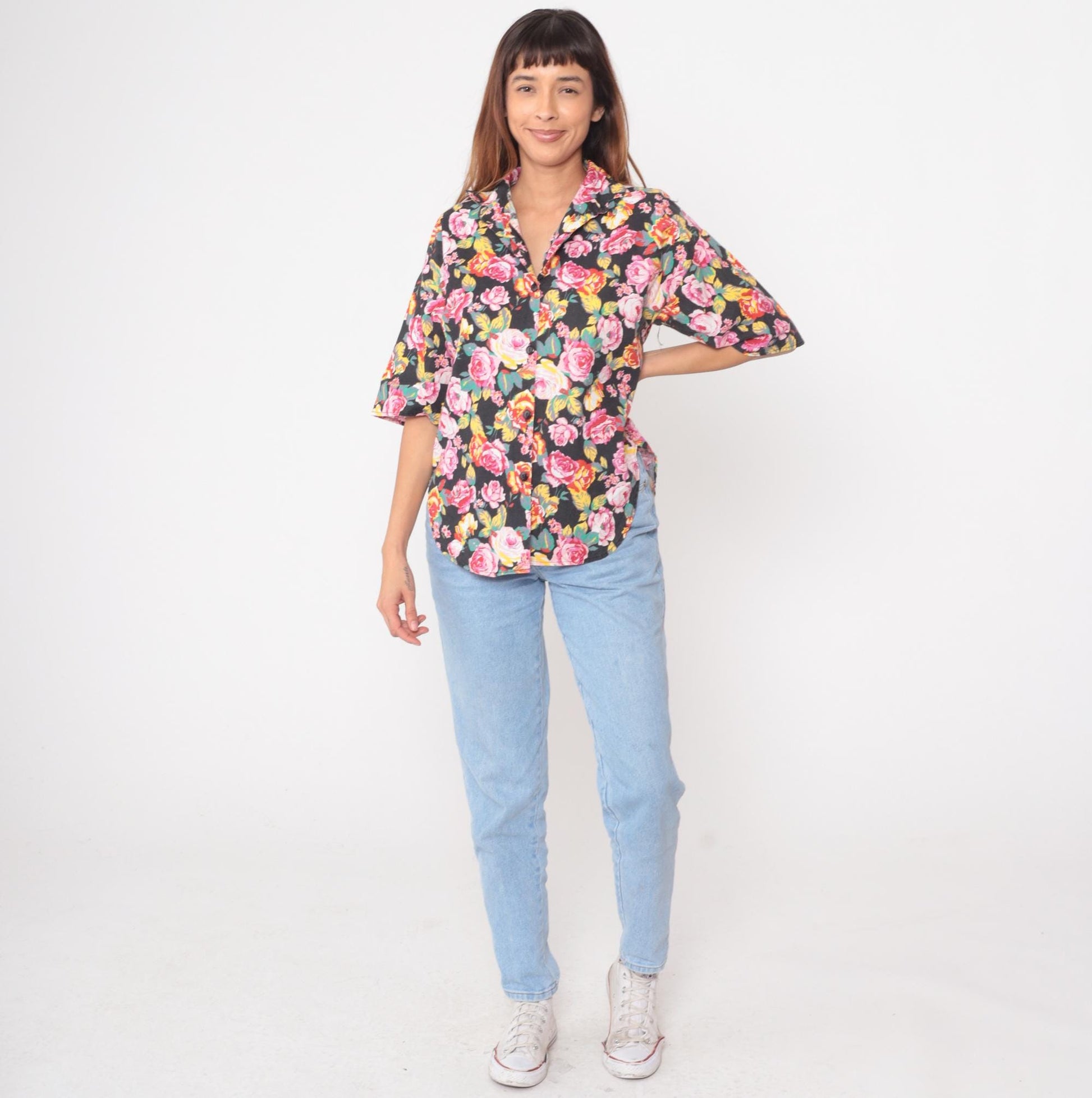 90s Sure Thing of California Black Floral Button Down Shirt Medium M