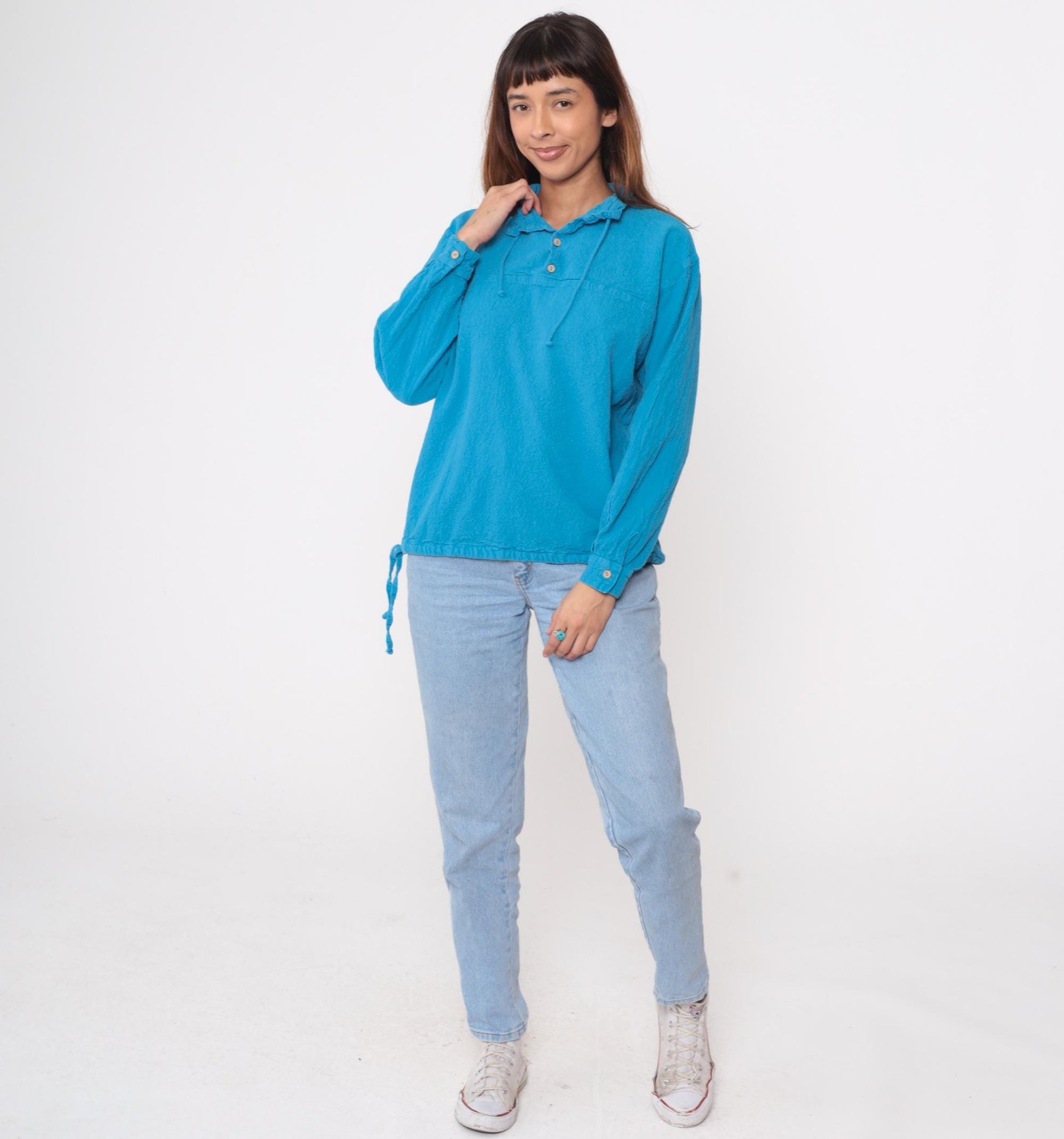90s Sea Breeze Turquoise Cotton Blouse Peter Pan Collar Button Front Small