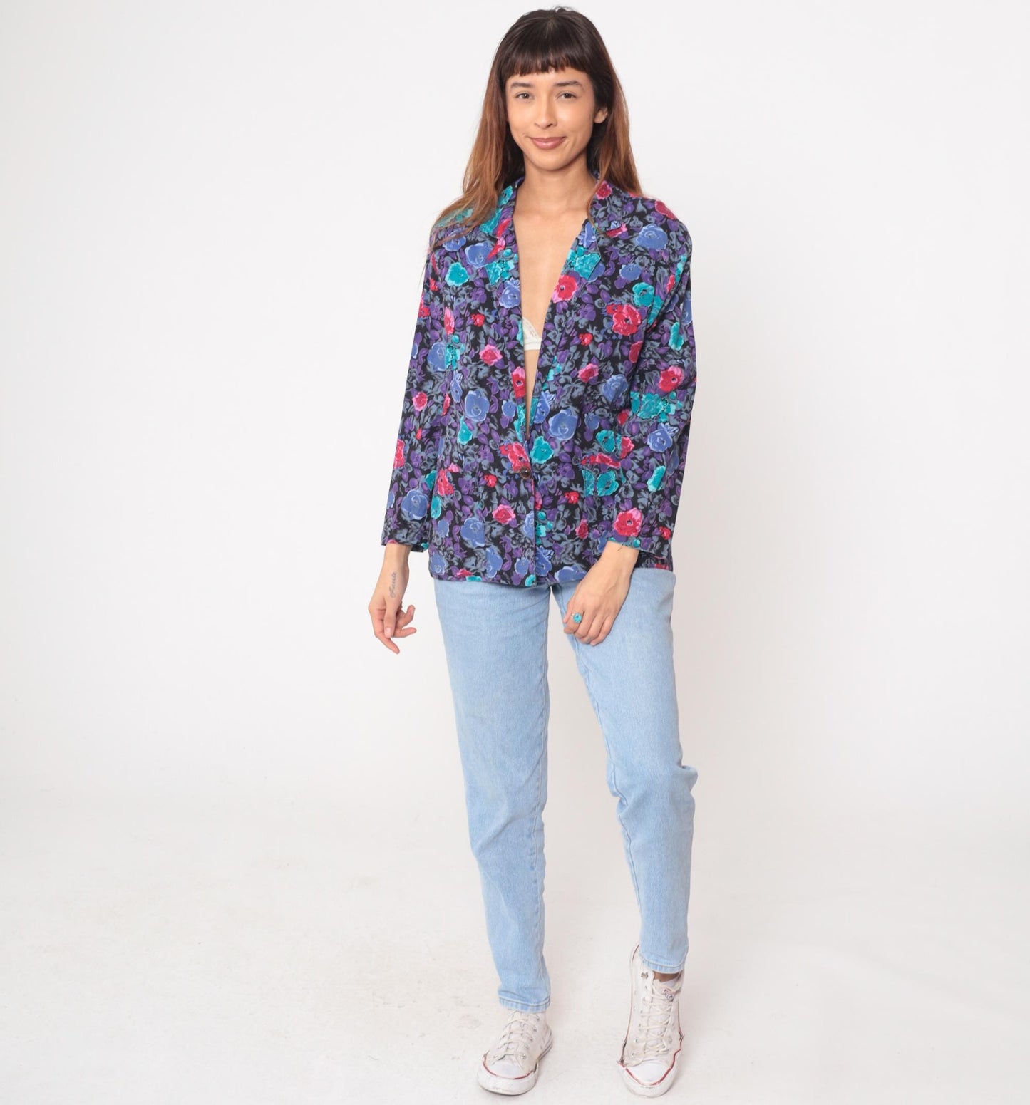 90s Floral Blazer Single Button Notched Lapel Long Sleeve Black Multi Medium M