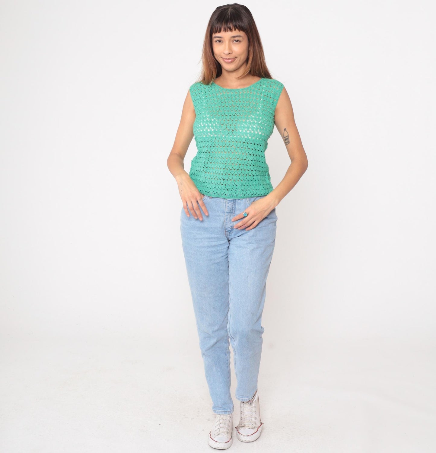 70s Turquoise Crochet Knit Sleeveless Tank Top Open Stitch Small