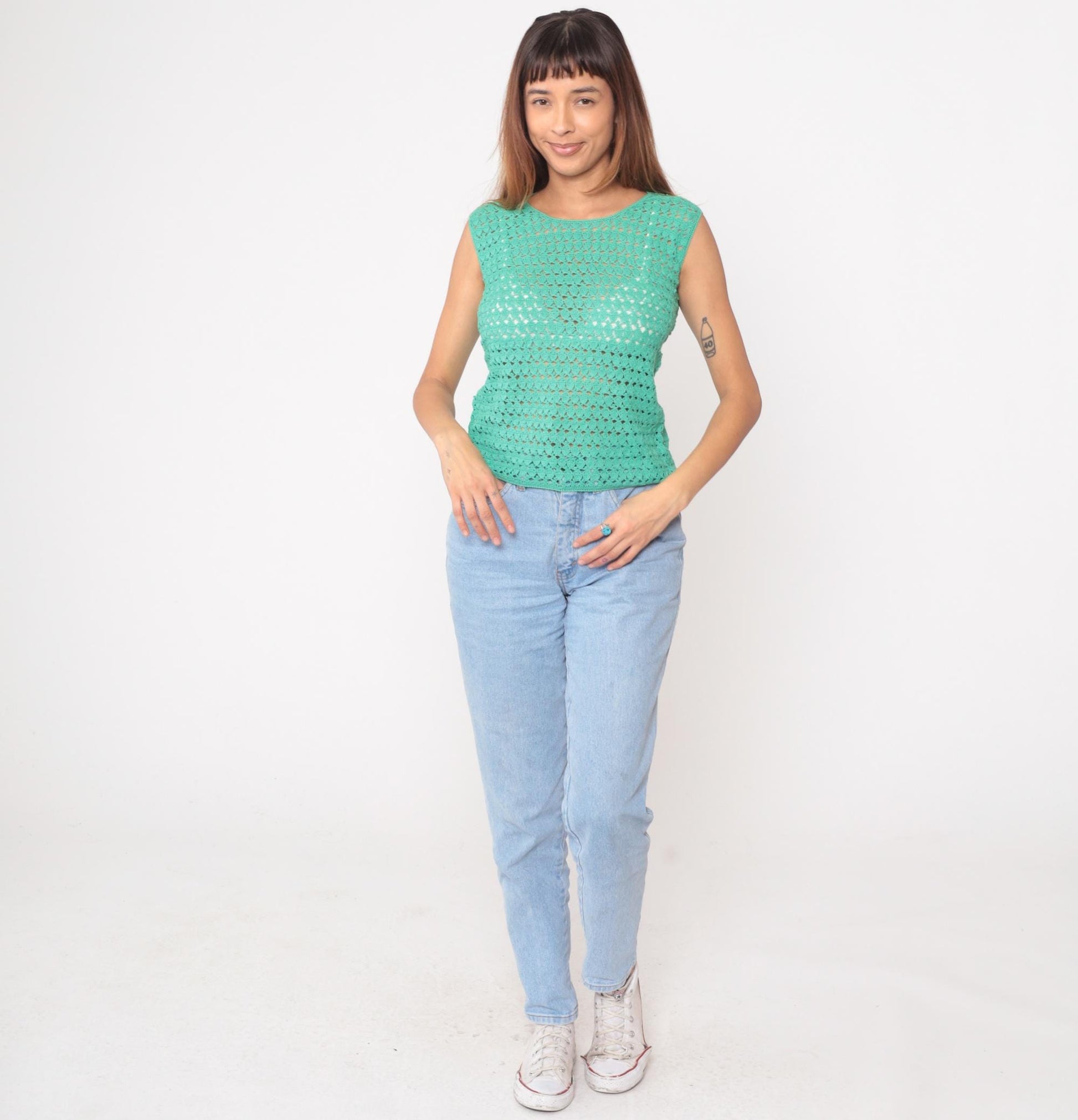 70s Turquoise Crochet Knit Sleeveless Tank Top Open Stitch Small