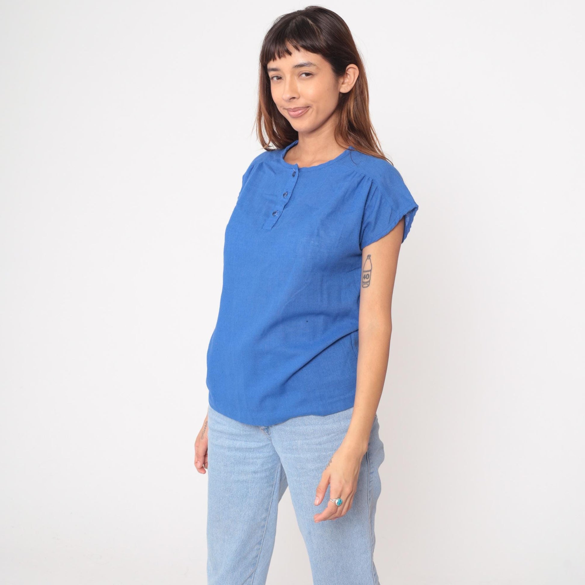 80s Catalina Cotton Blue Button Blouse Gathered Yoke Cap Sleeves Medium