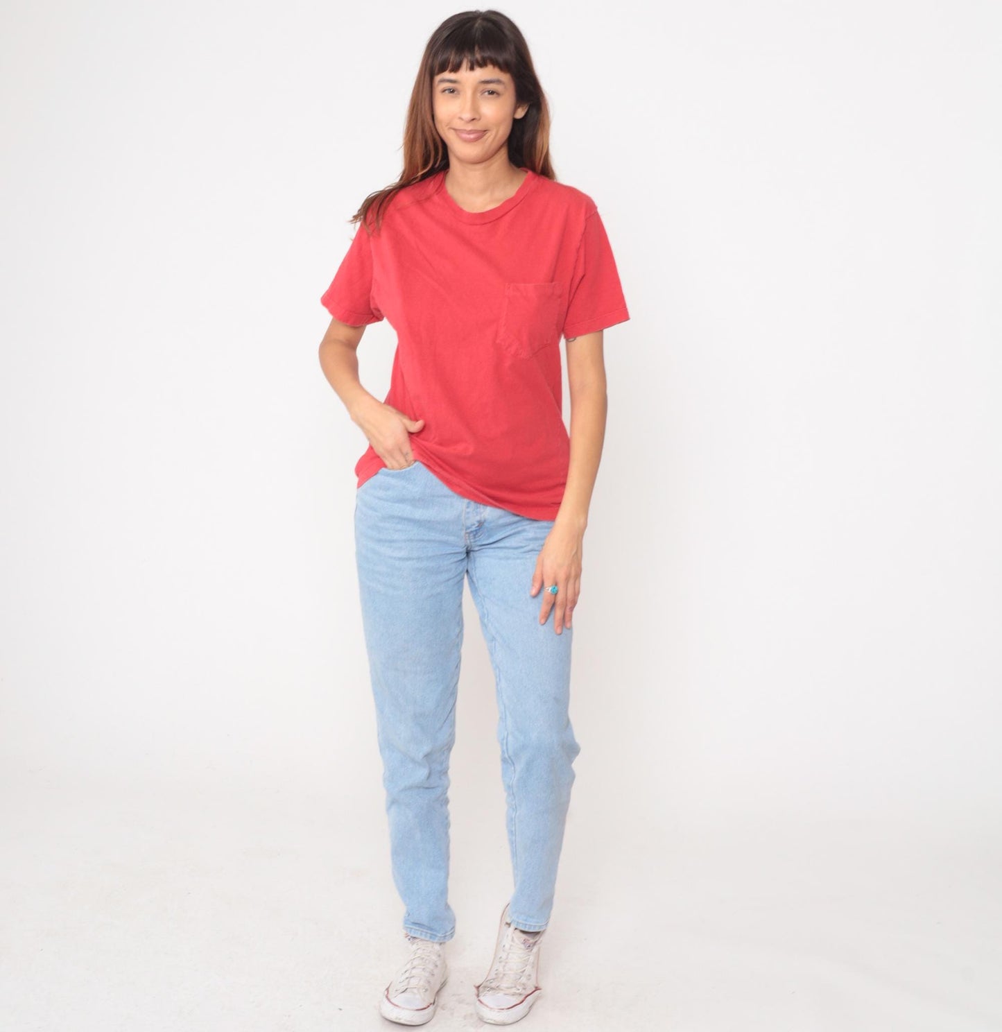 90s Energie Coral Pocket Tee Cotton Crew Neck Small S