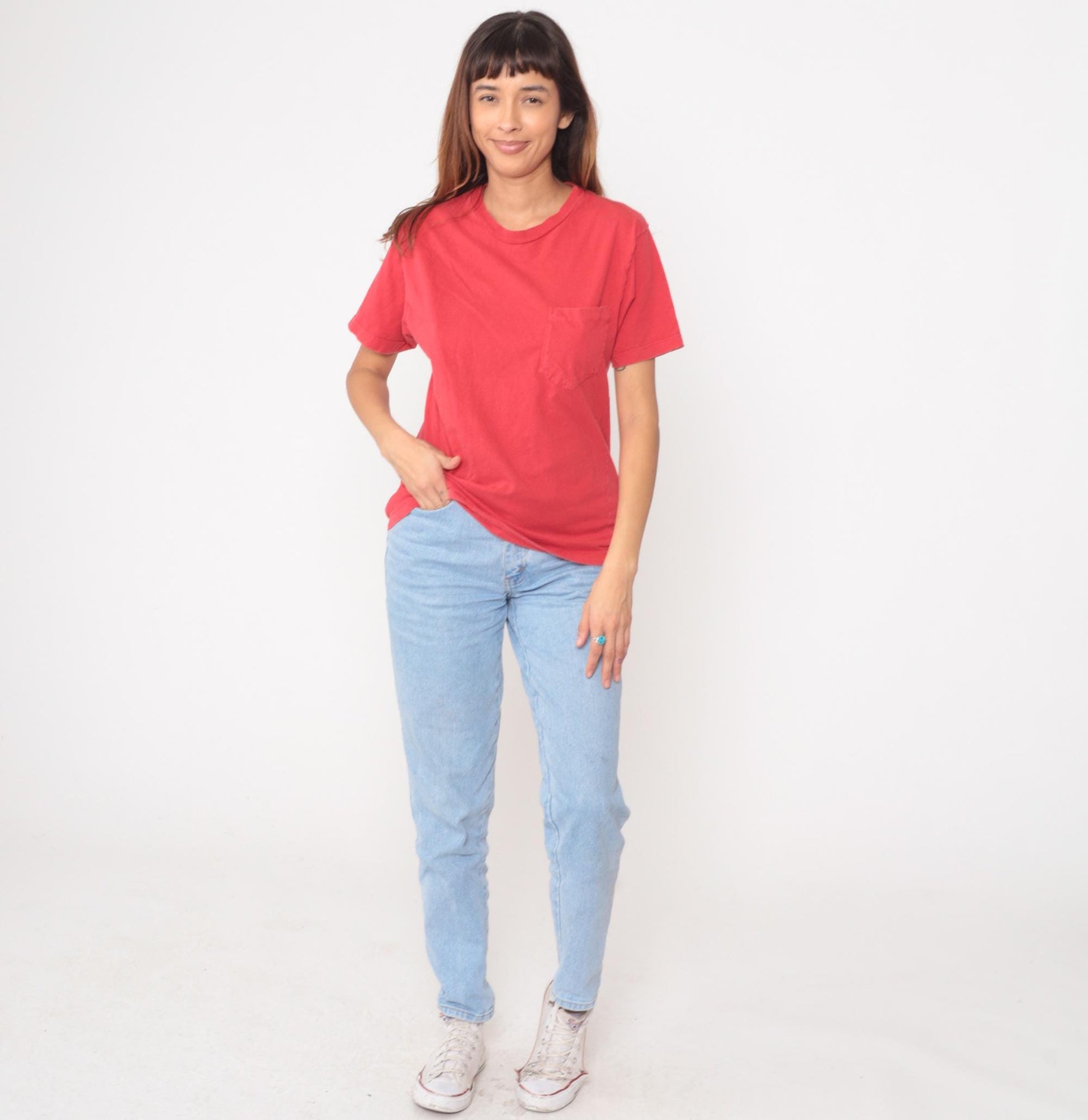 90s Energie Coral Pocket Tee Cotton Crew Neck Small S