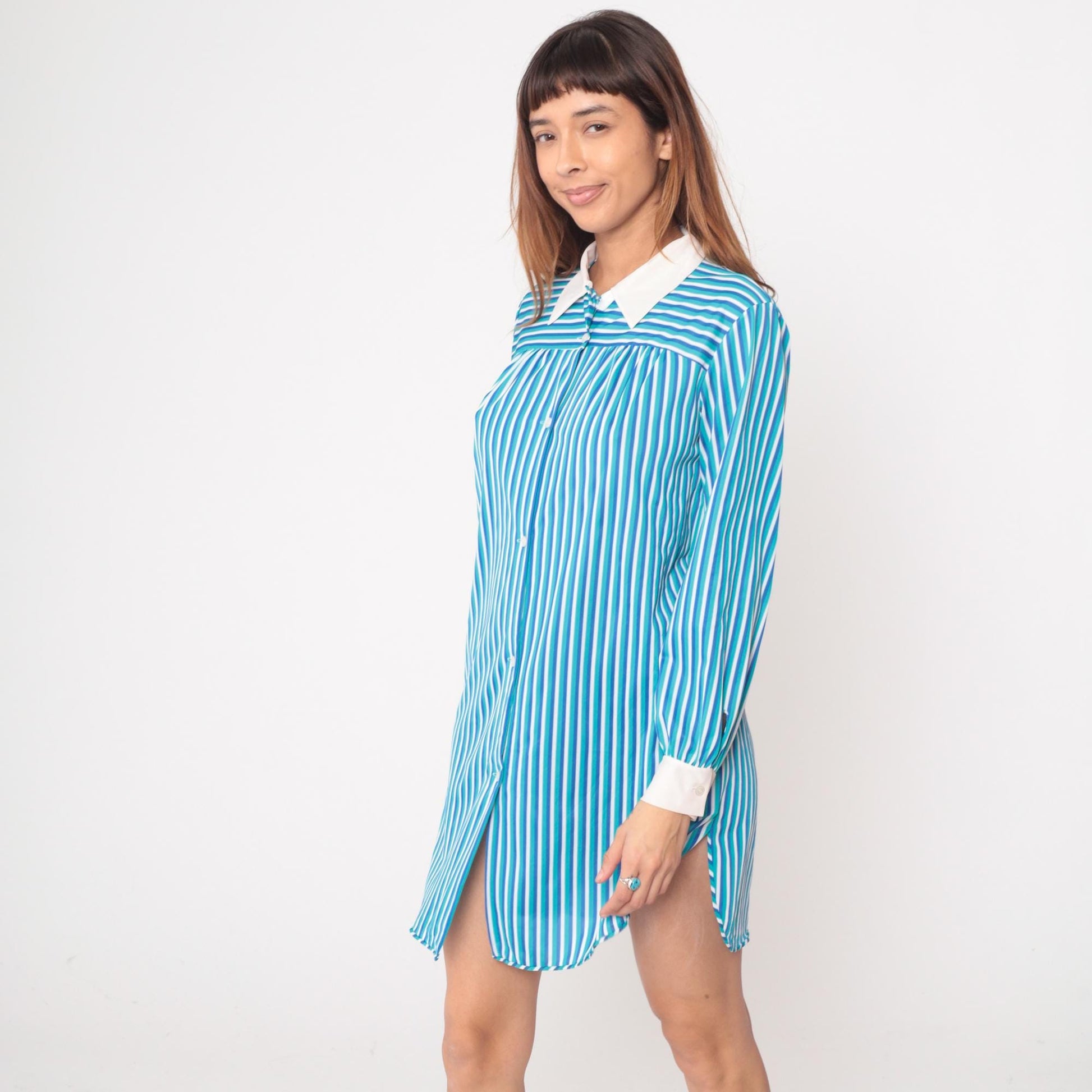 60s Blue White Striped Mini Dress Button Front Mod Shift Medium