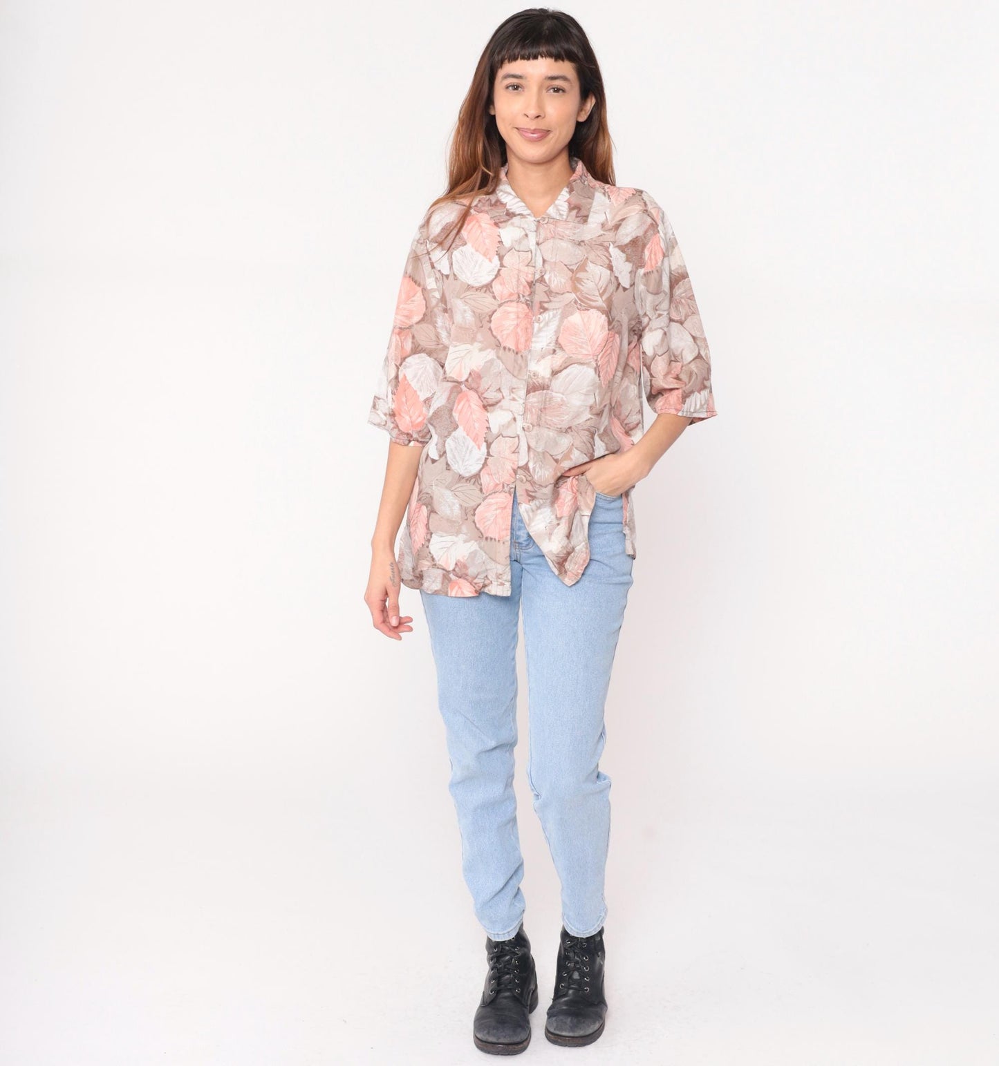 90s Silk Leaf Botanical Blouse Pointed Collar Three-Quarter Sleeve Beige Medium M