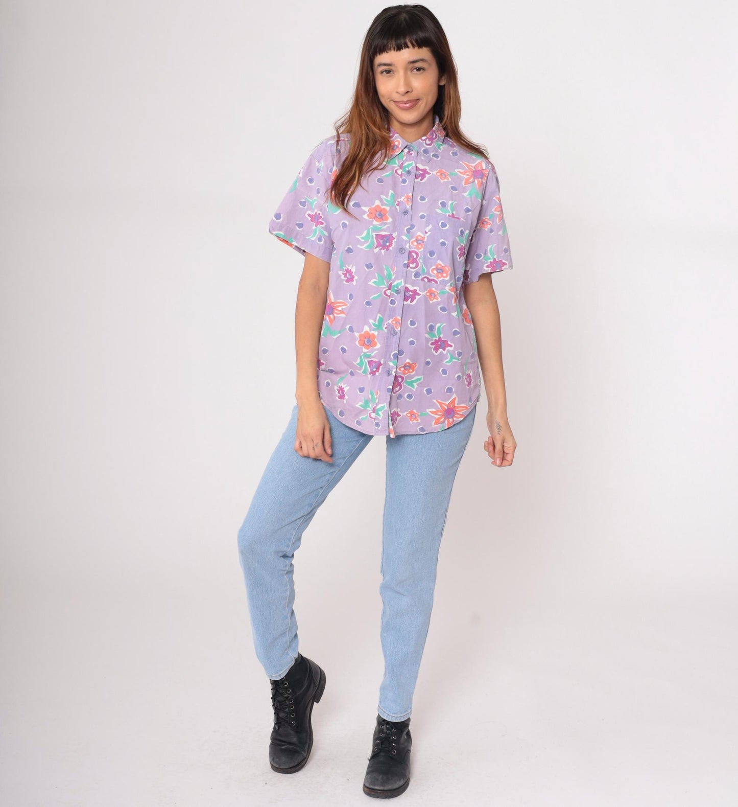90s Preview International Floral Button-Up Blouse Purple Cotton Medium