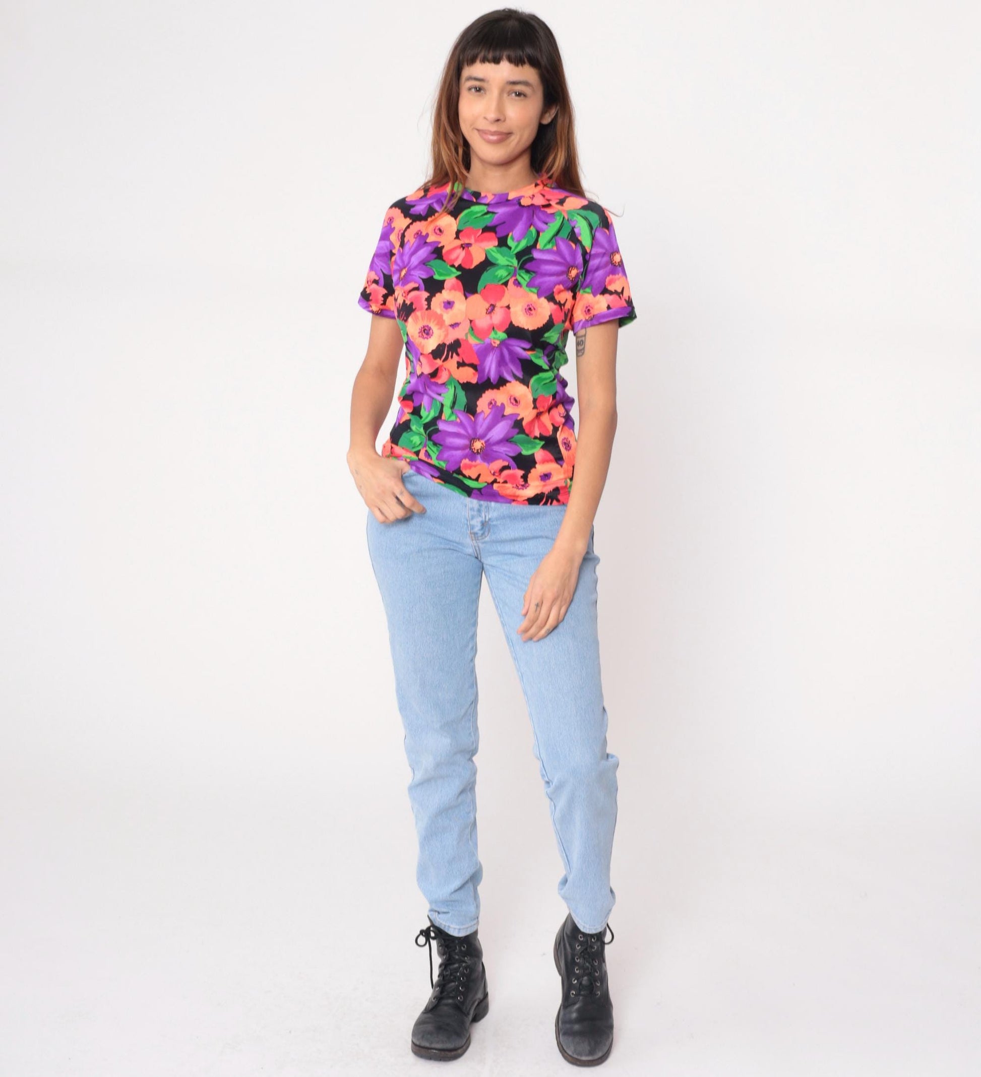 90s Floral T-Shirt Purple Orange Green Black Watercolor Print Fitted Small