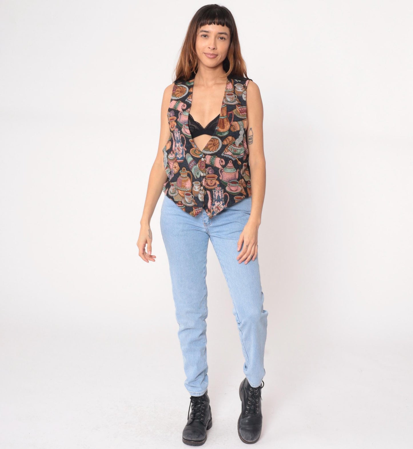 90s Backroad Blues Coffee Tapestry Vest Black Jacquard V-Neck Large L