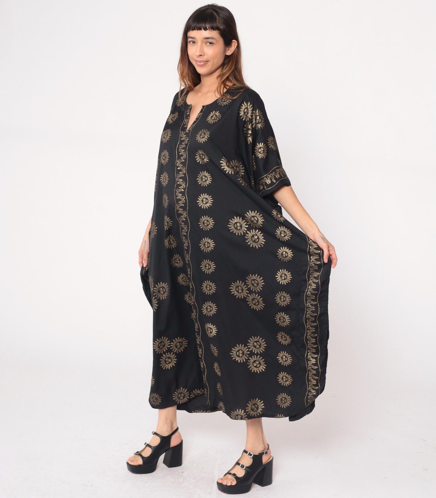 Y2K Black Caftan Sun Yin-Yang Gold Embroidered Kimono Maxi Dress One Size