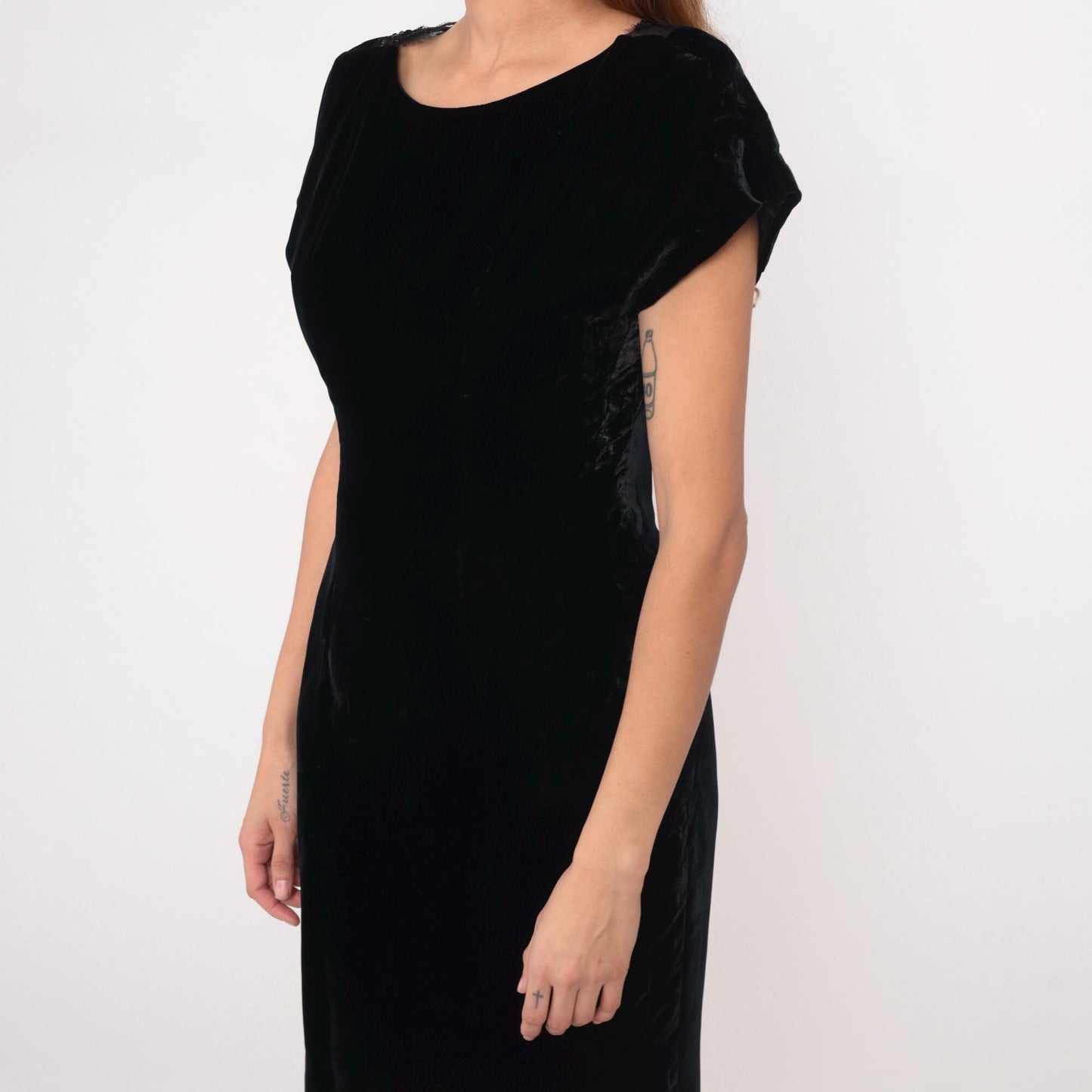 90s Black Velvet Dress Sequin Lace Back Panel Knee-Length Small S
