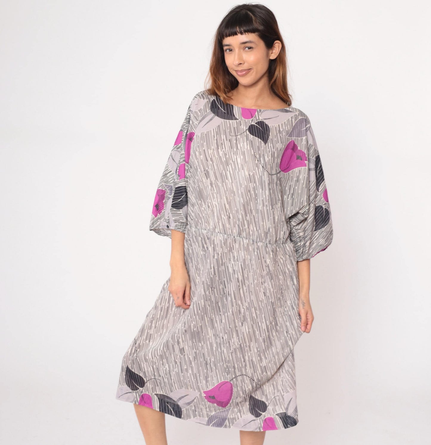 70s Abstract Maxi Dress Purple Grey Black Line Pattern Three Quarter Sleeve Extra Large