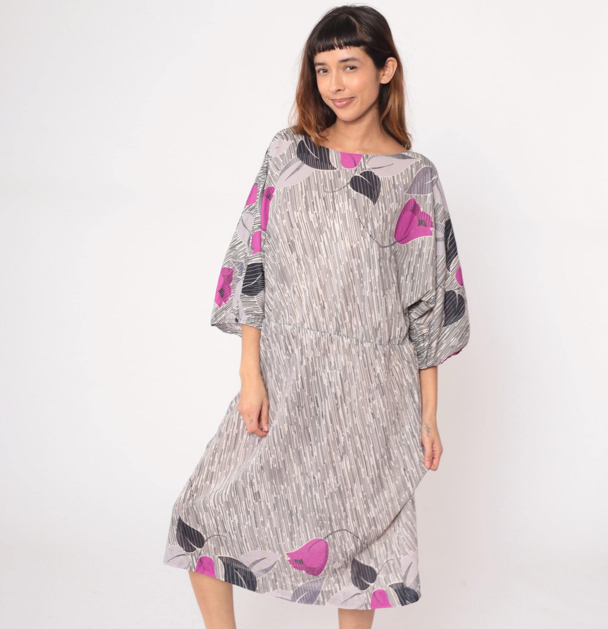 70s Abstract Maxi Dress Purple Grey Black Line Pattern Three Quarter Sleeve Extra Large